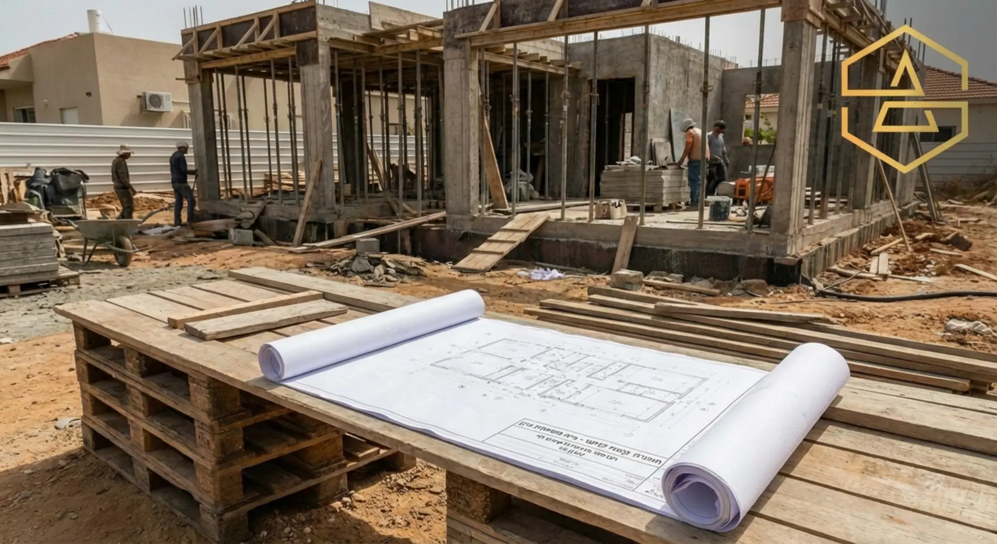 תמונה ריאליסטית של אתר בניה של בית פרטי בשלבי שלד מתקדמים, עם גלילי תוכניות בניה מונחים על שולחן מאולתר בחזית