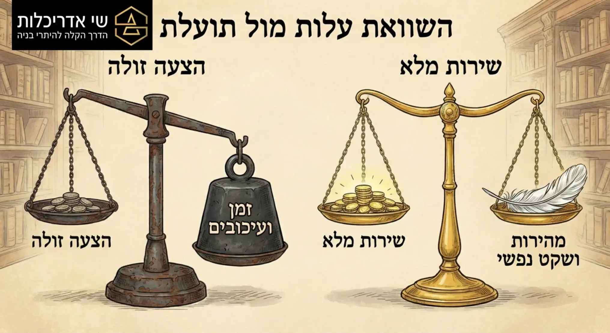 איור המשווה בין שני מאזניים: בצד אחד ערמת מטבעות נמוכה המייצגת הצעה זולה אך עם 'משקולת' של זמן ועיכובים, ובצד השני ערמת מטבעות מעט גבוהה יותר המייצגת שירות מלא, המאוזנת על ידי 'נוצה' המייצגת מהירות ושקט נפשי