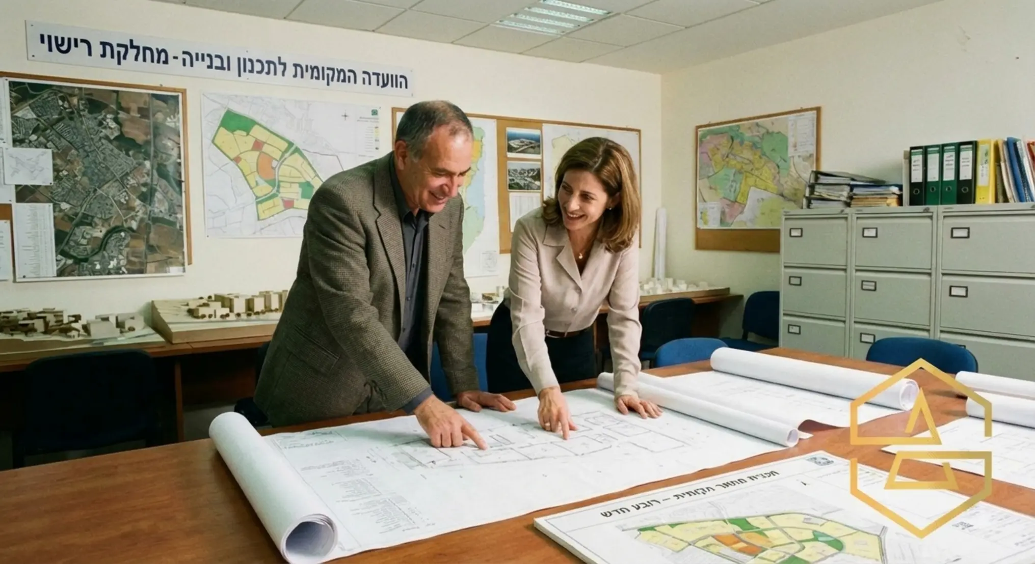 תמונה של אדריכל יושב יחד עם בוחנת רישוי במשרדי הועדה המקומית מצביעים על שרטוטים גדולים באווירה מקצועית של שיתוף פעולה ופתרון בעיות