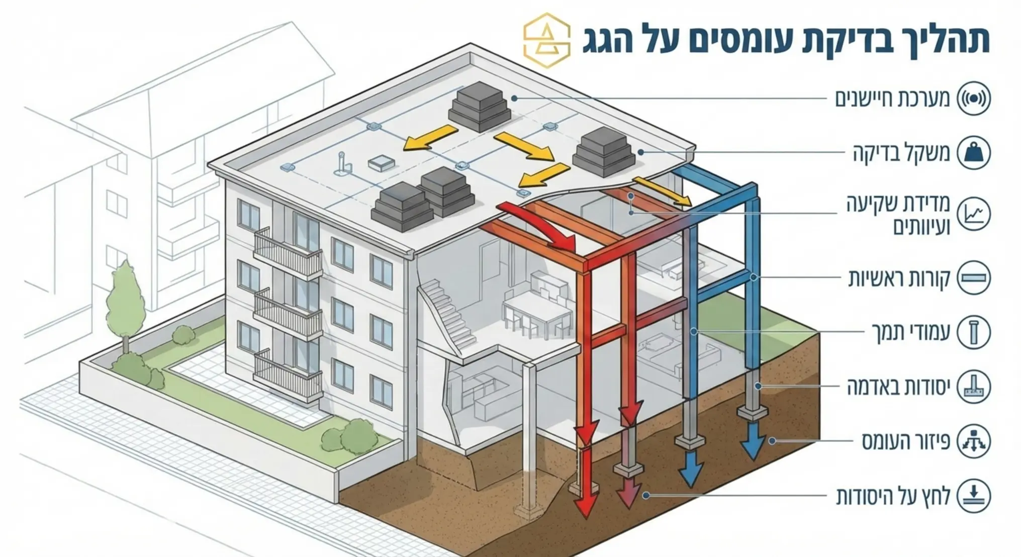 אינפוגרפיקה מפורטת המציגה את תהליך בדיקת העומסים על גג של בית משותף כולל חיצים המראים את פיזור המשקל אל עמודי התמך והיסודות באדמה