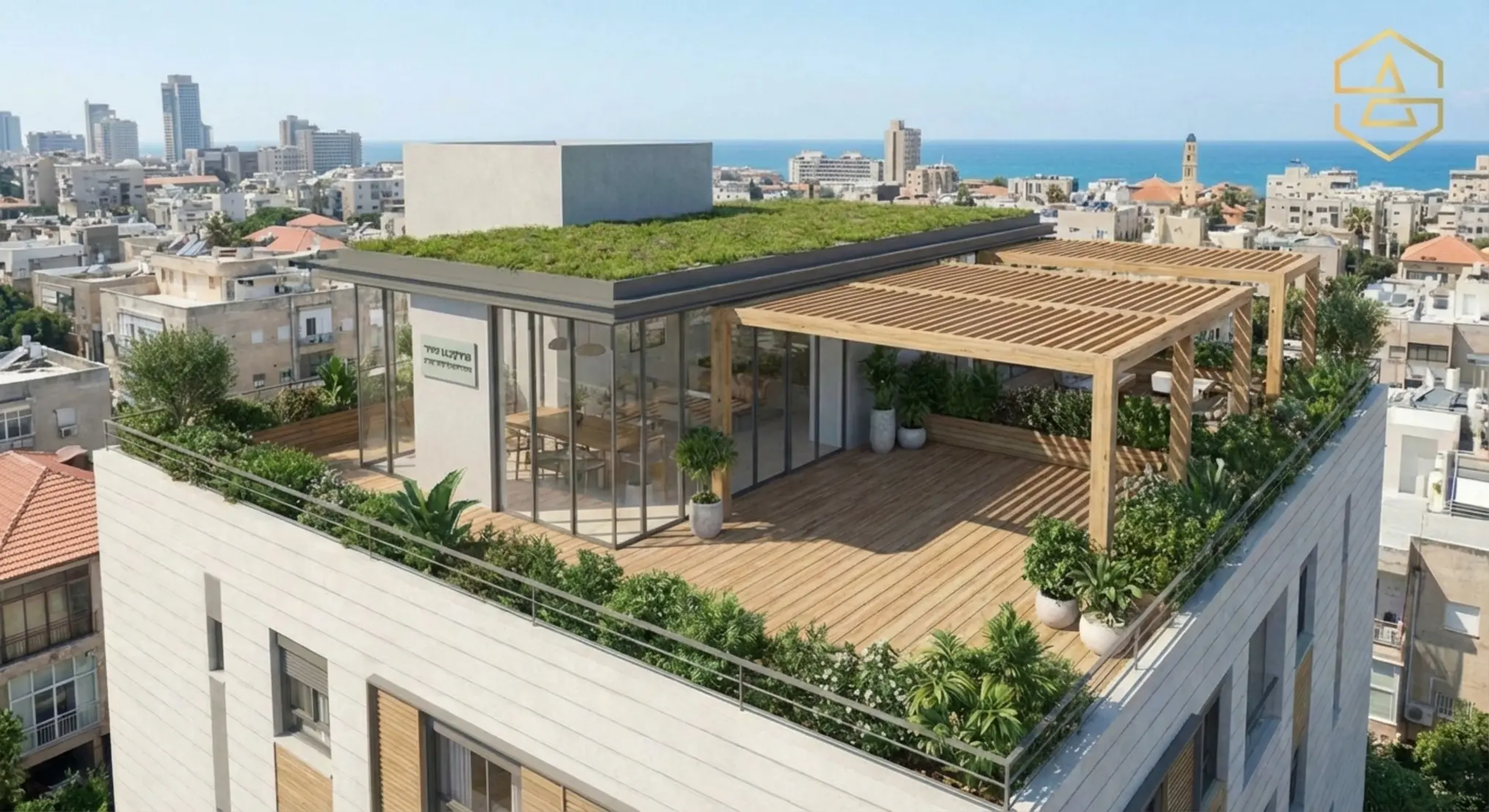 הדמיה אדריכלית של גג מעוצב הכולל חדר עשוי בנייה קלה מתקדמת ומרפסת שמש מרווחת עם פרגולה מעץ וצמחייה ירוקה המשתלבת עם הנוף העירוני