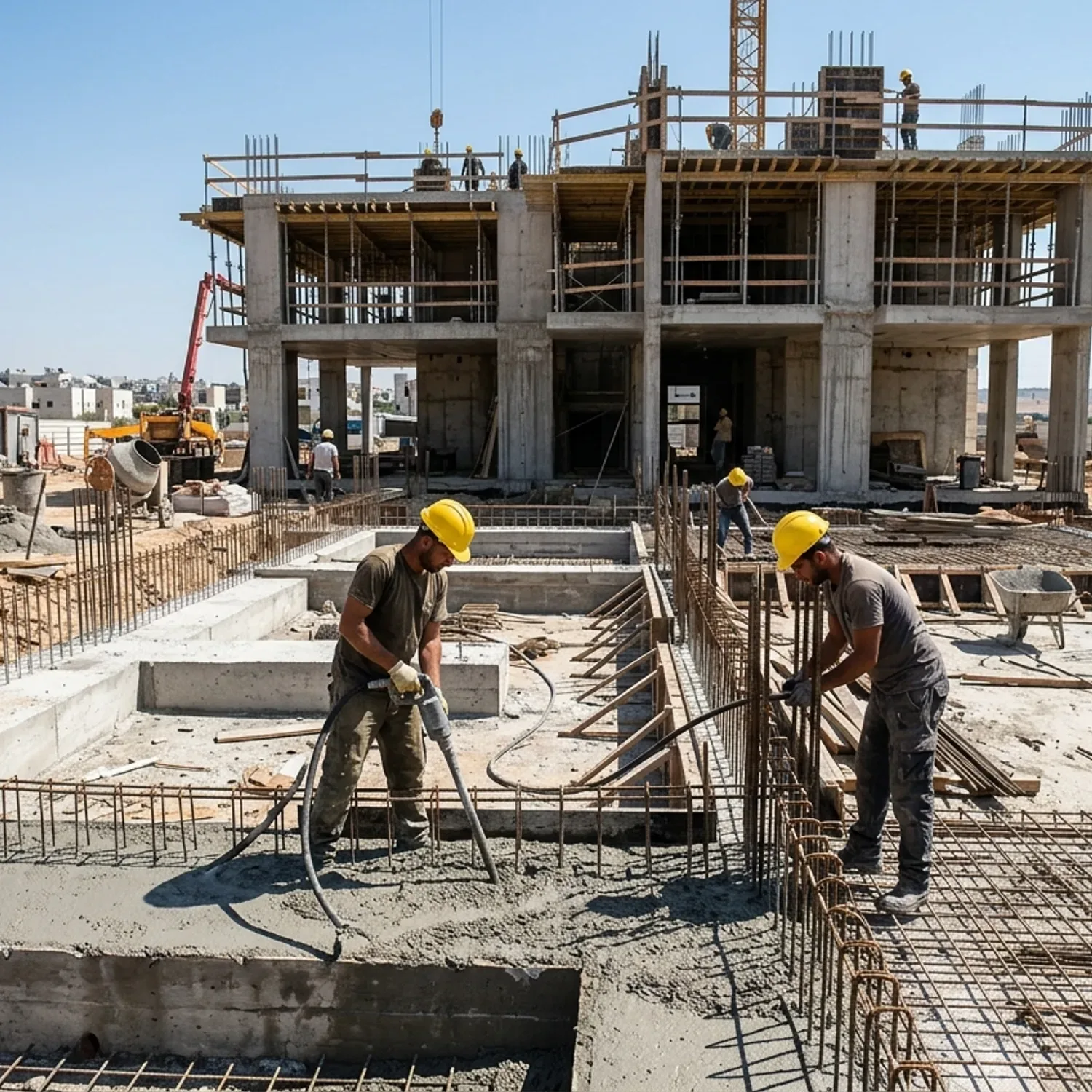 צילום ריאליסטי של אתר בניה בשלבי שלד, יסודות בטון טריים, פועלי בניין עם קסדות צהובות עובדים ברקע, אור שמש חזק