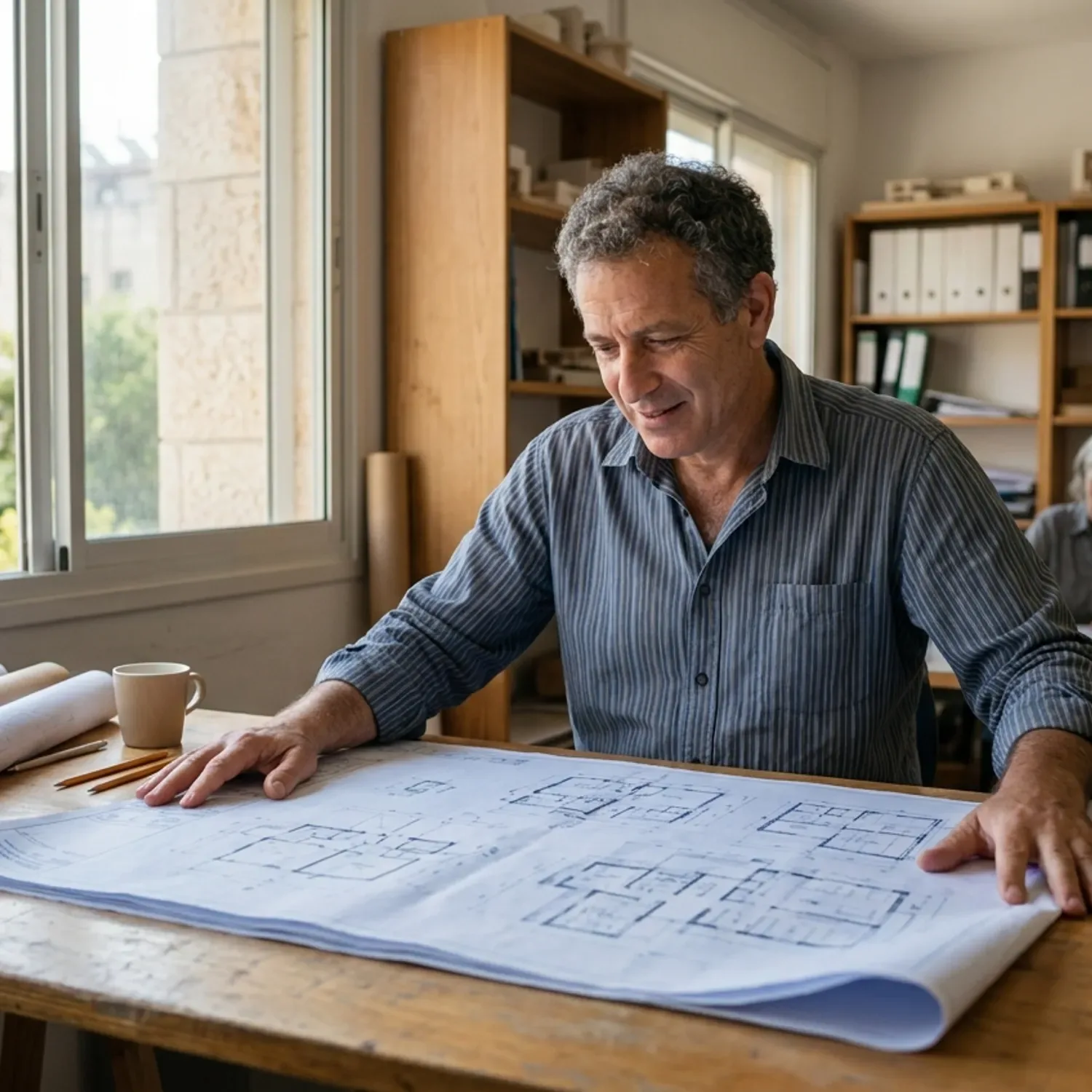 צילום ריאליסטי של אדריכל מקצועי יושב במשרד מואר, פורס תוכניות בנייה גדולות על שולחן שרטוט עץ, תאורה טבעית מבחוץ