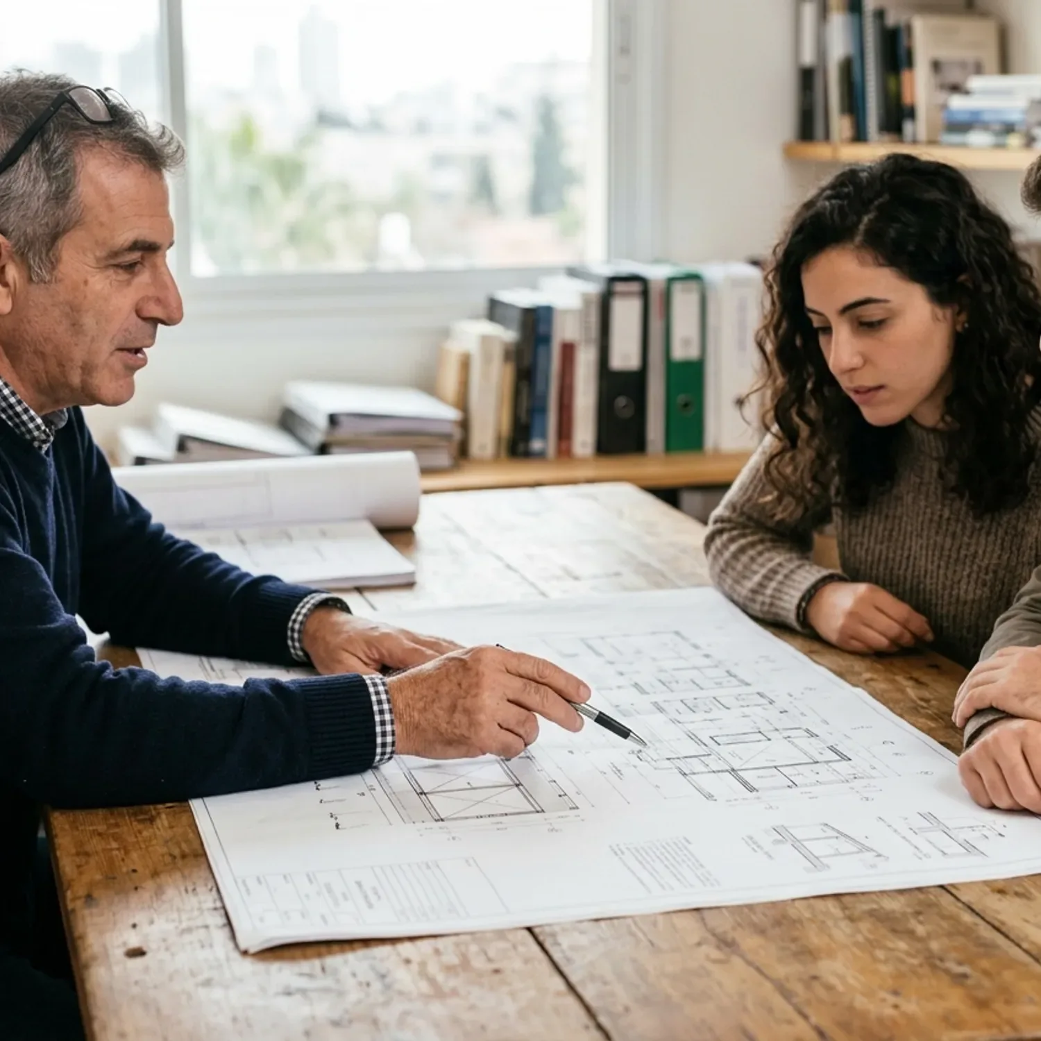 צילום ריאליסטי של אדריכל מנוסה פורס תוכנית בנייה גדולה על שולחן עץ במשרד מואר, ומסביר לזוג צעיר שיושב מולו, תאורה טבעית מבחוץ, פוקוס על הידיים המצביעות על התוכנית