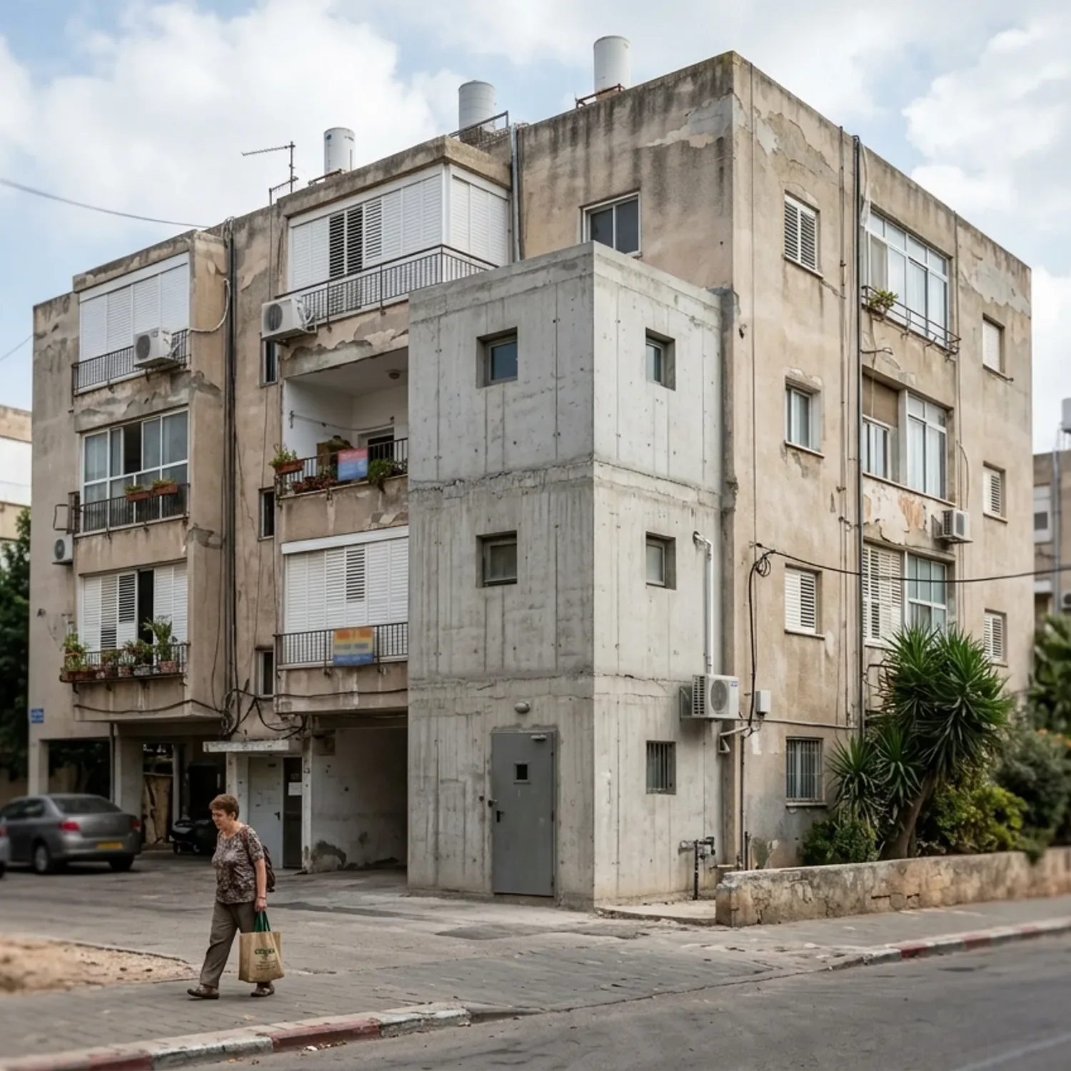צילום אמיתי של בניין מגורים ישראלי טיפוסי בו נראית תוספת של ממ