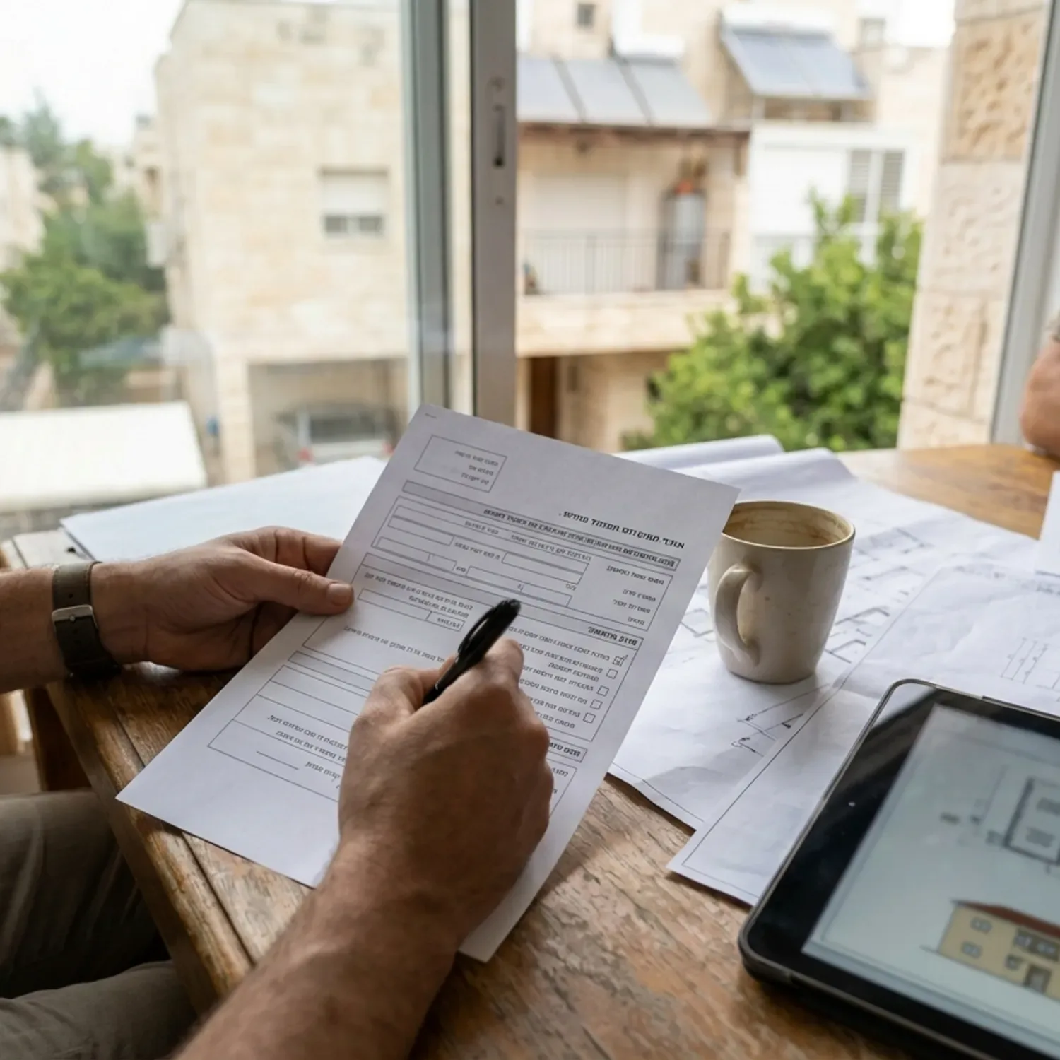 צילום תקריב מציאותי של ידיים מחזיקות עט ומסמנות נתונים על גבי טופס בקשה רשמי, ליד כוס קפה במשרד, תאורה טבעית וללא סמלי חברות.
