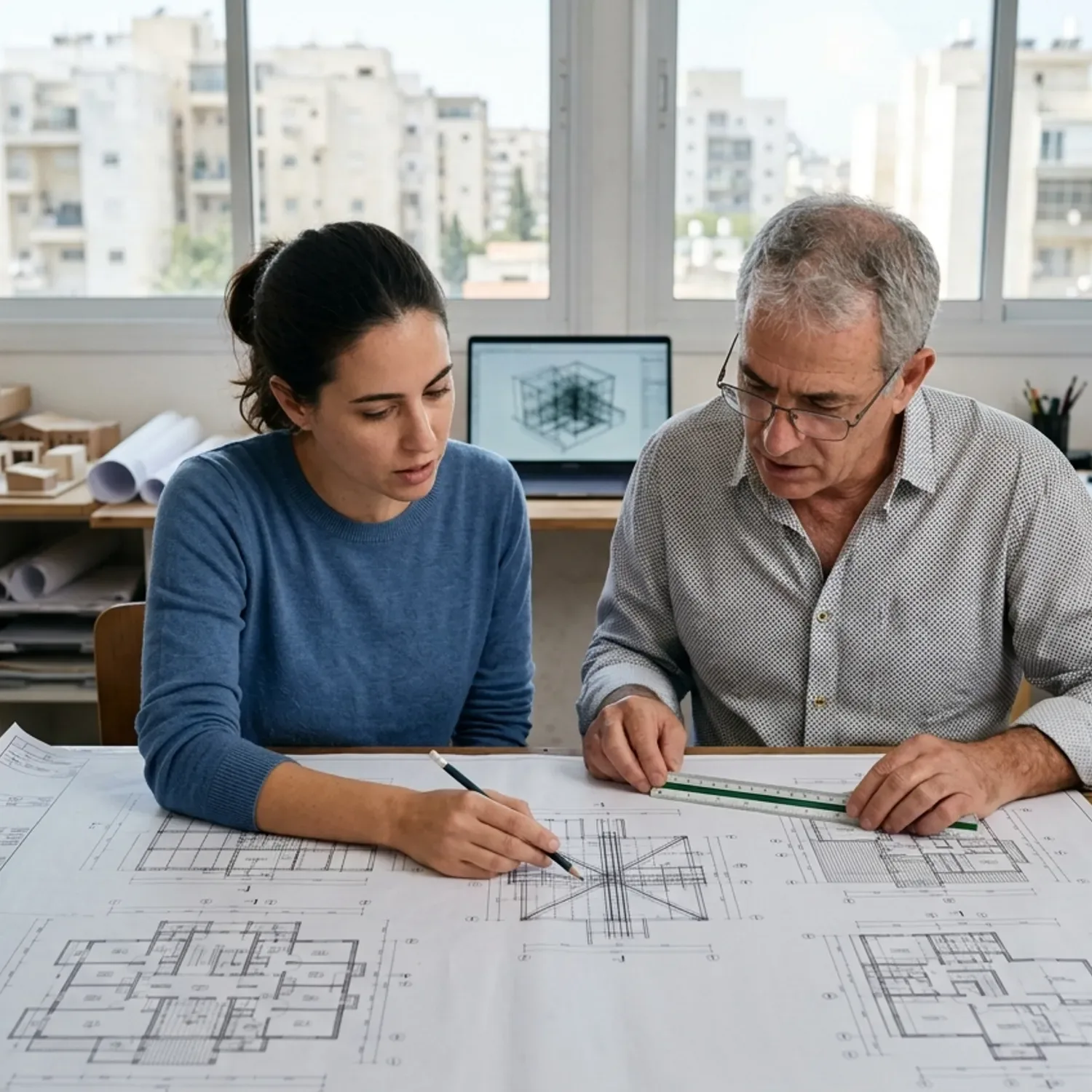 צילום ריאליסטי של אדריכל ומהנדס יושבים יחד סביב שולחן עבודה במשרד מואר, פורסים תוכניות בנייה גדולות של בניין מגורים, ומצביעים על נקודות חיבור בשרטוט, תאורה טבעית מבחוץ