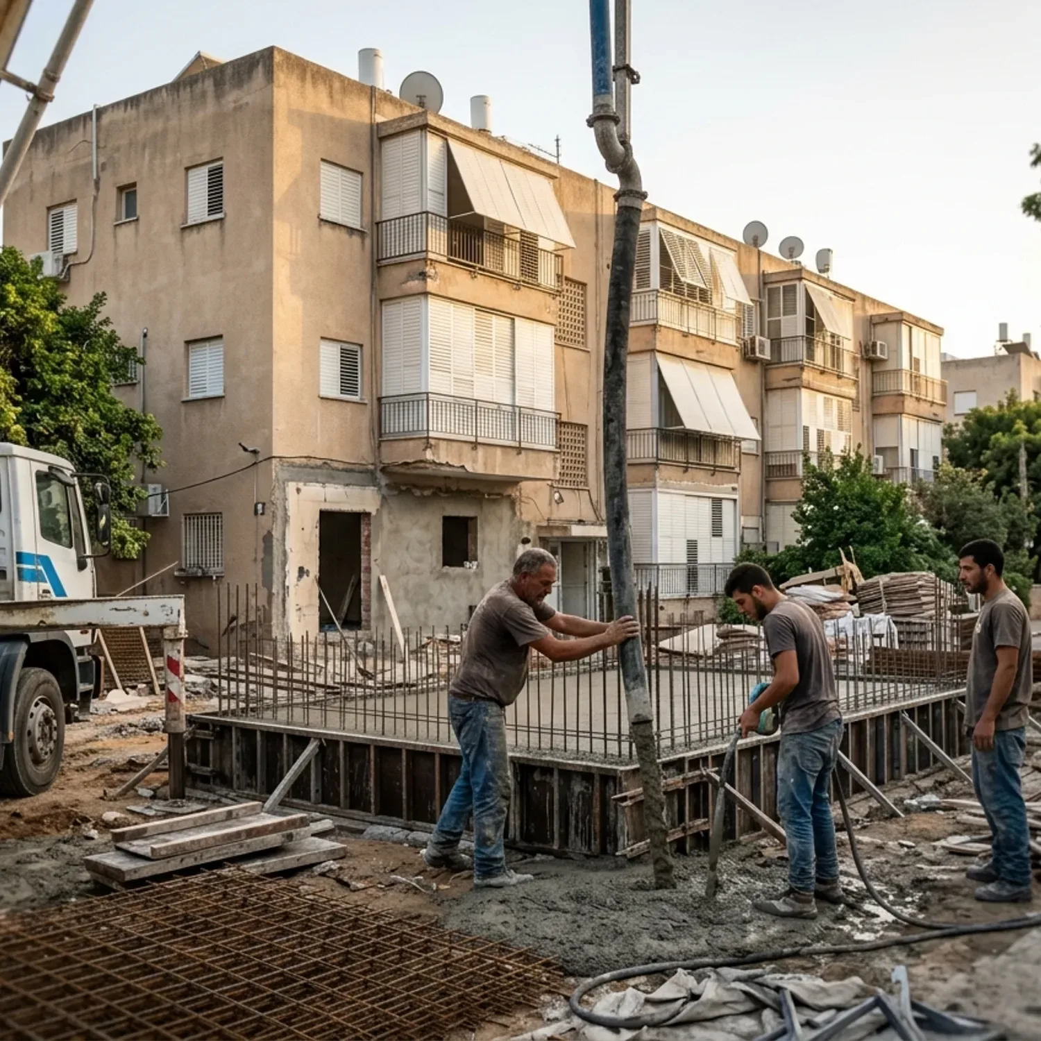 צילום חוץ מציאותי של אתר בנייה ליד בניין מגורים, יציקת בטון של ממ