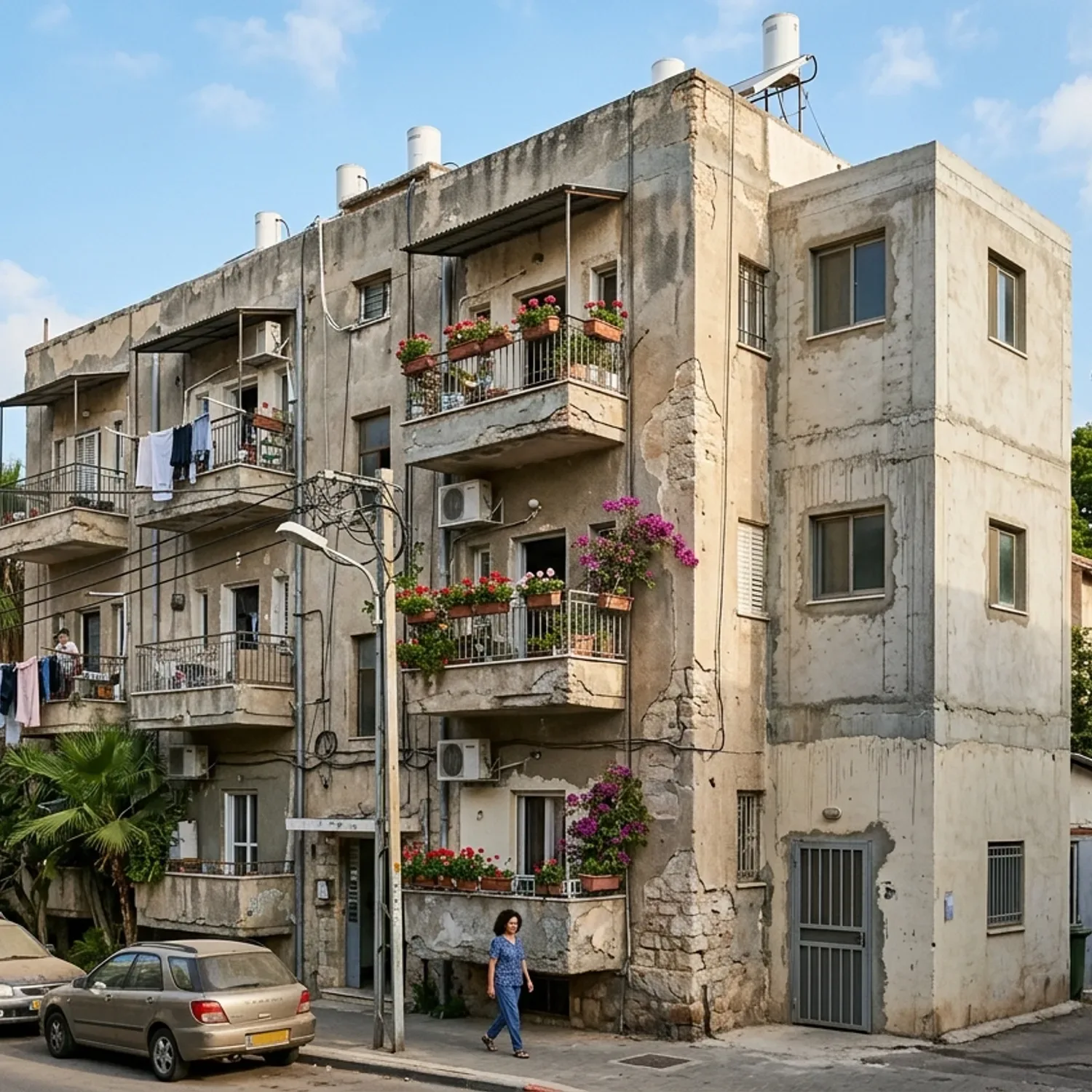 צילום פוטו-ריאליסטי של בניין מגורים ישן בישראל, מואר באור יום טבעי, עם תוספת ממ