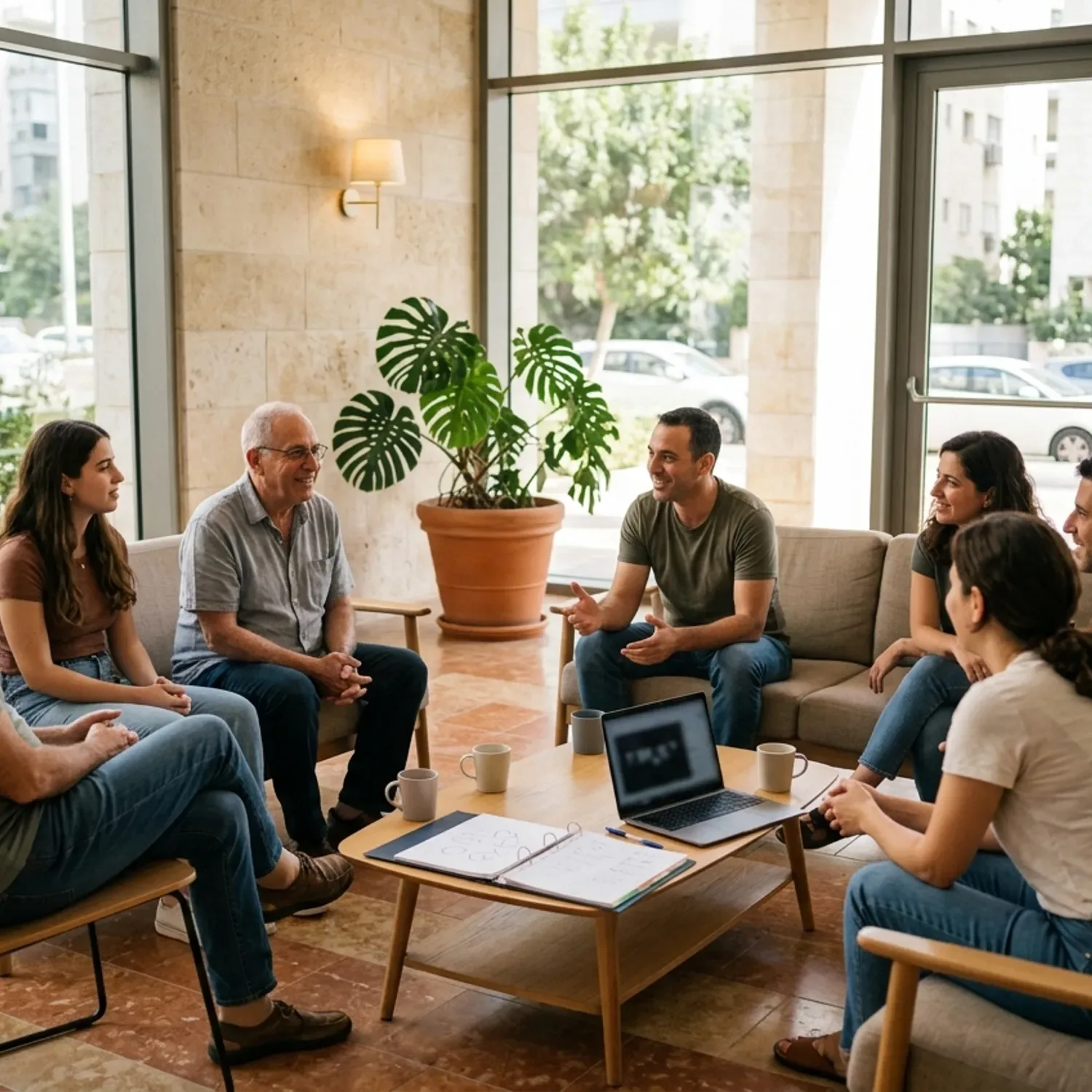 צילום של ישיבת דיירים בלובי של בניין מגורים, אנשים יושבים במעגל ומדברים, אווירה חיובית של שיתוף פעולה, תאורה טבעית מבחוץ.