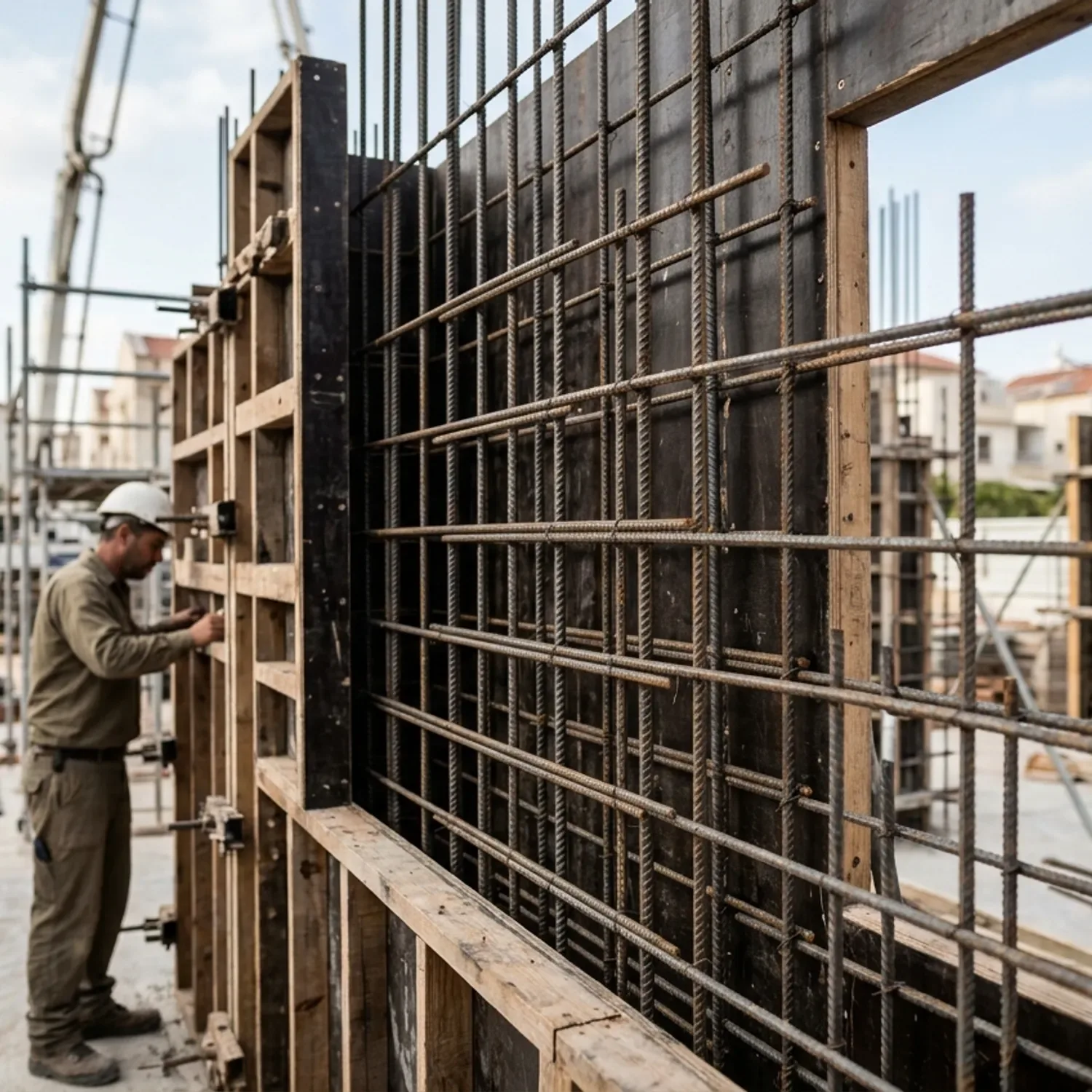 צילום קרוב ומדויק של קיר בטון מזוין בבנייה, רואים את רשתות הברזל (ברזל בניין) בתוך התבנית לפני יציקת הבטון, רקע של אתר בנייה נקי ומסודר