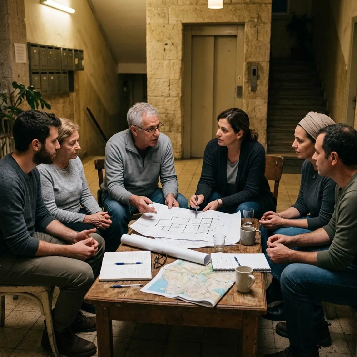 צילום ריאליסטי של אסיפת דיירים בלובי של בניין ישן, אנשים יושבים במעגל ודנים במסמכים ושרטוטים, תאורה חמה, אווירה קהילתית משתפת