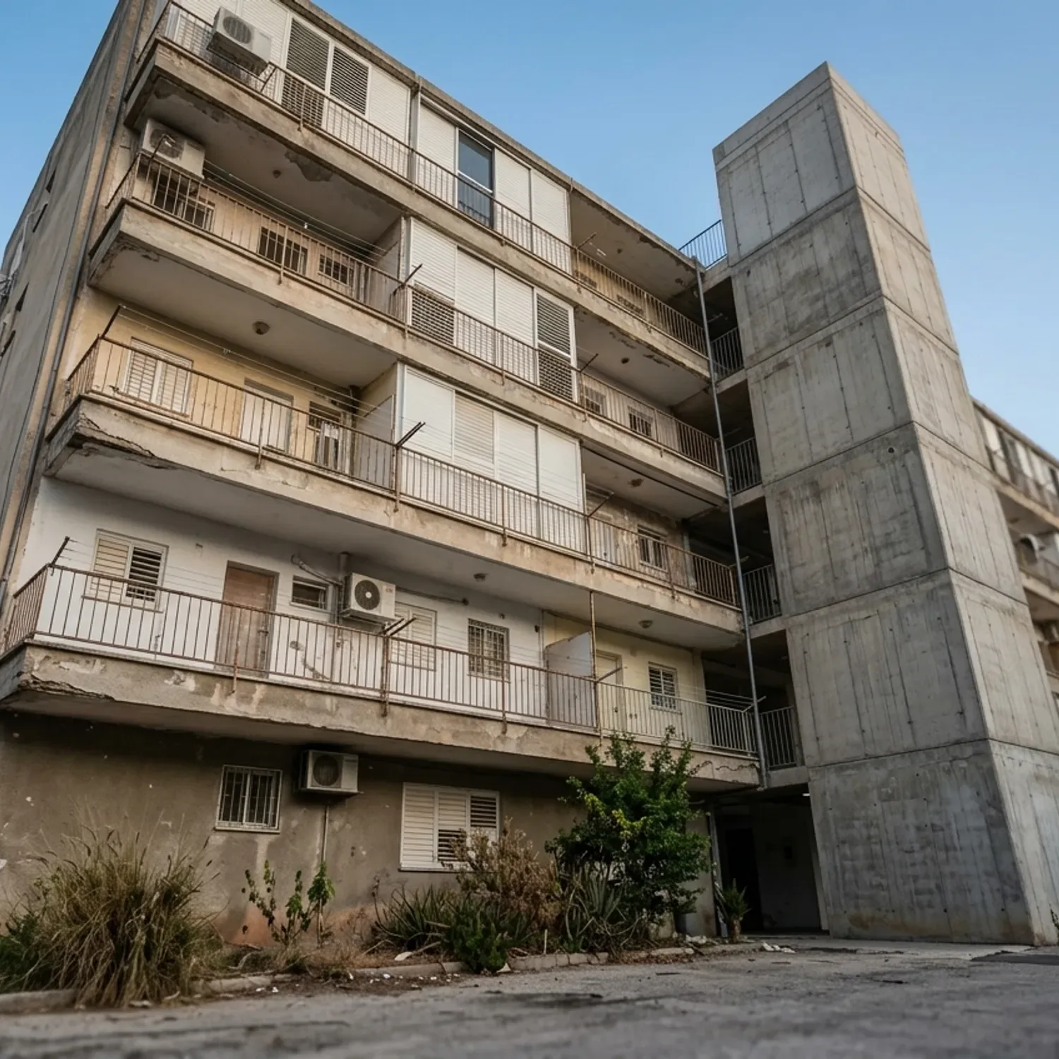 צילום ריאליסטי מרחפן מזווית נמוכה המראה בניין רכבת ישן משנות ה-80, וצמוד אליו פיר ממ