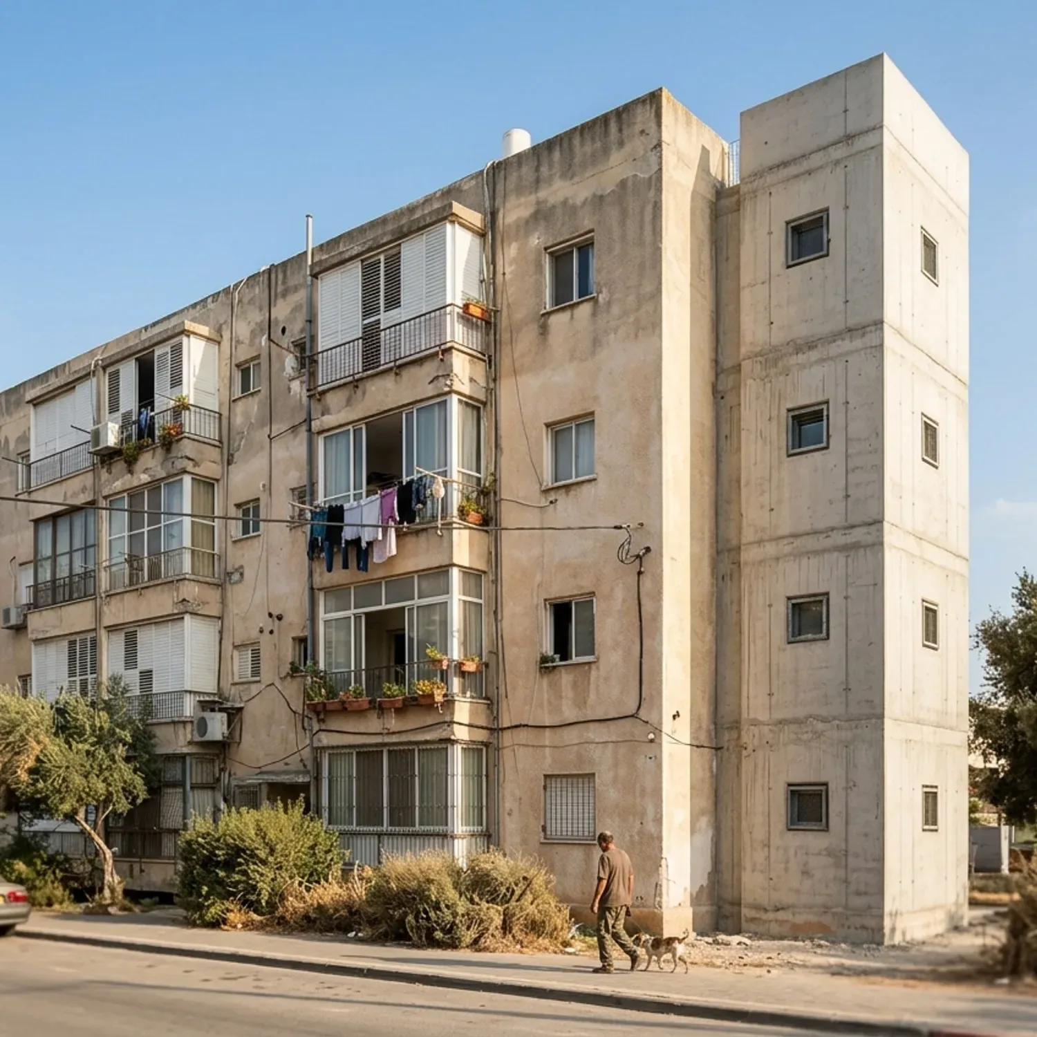 צילום של בניין מגורים ישן בן 4 קומות באור יום, מצידו מחובר 'מגדל' ממ