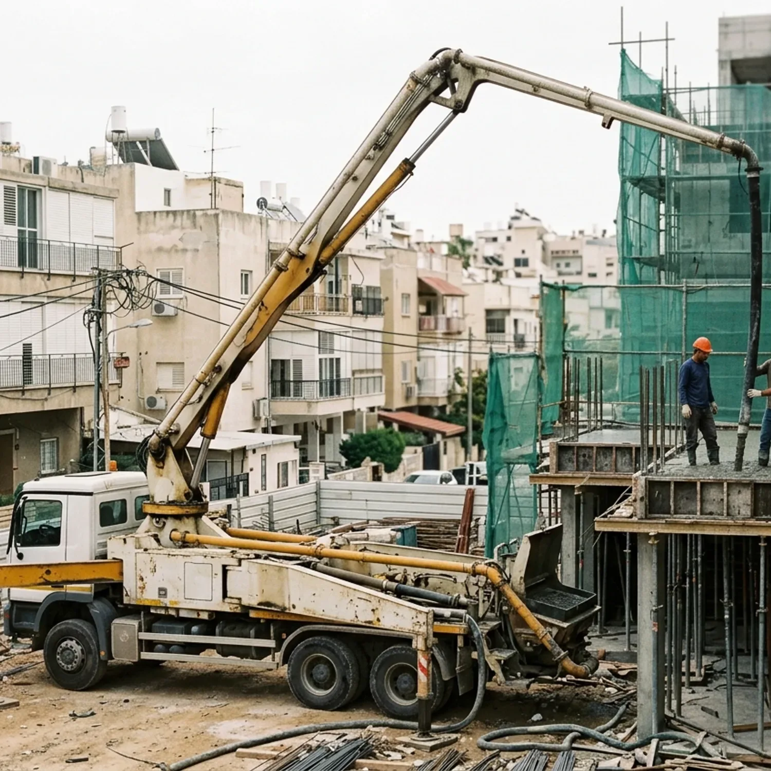 צילום מציאותי של משאית יציקת בטון עם זרוע משאבה ארוכה פועלת באתר בנייה עירוני צפוף, פועלים עם קסדות מפקחים על היציקה, תאורת יום טבעית, פרטים חדים של הציוד ההנדסי