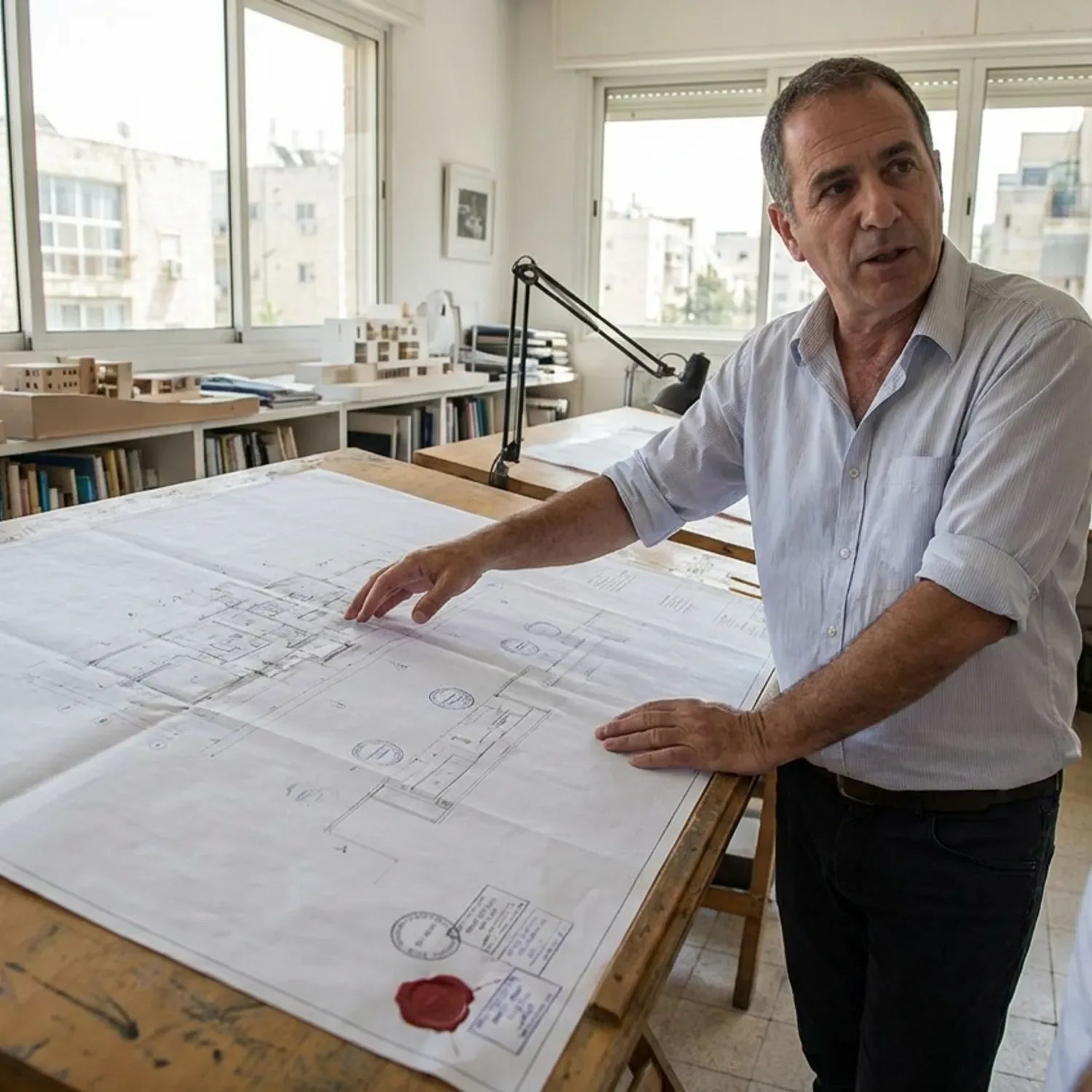תמונה של אדריכל מציג תוכנית מתאר על גבי שולחן שרטוט גדול, עם כיתובים המדגישים את חותמת מתן התוקף והאישור הסופי של הוועדה