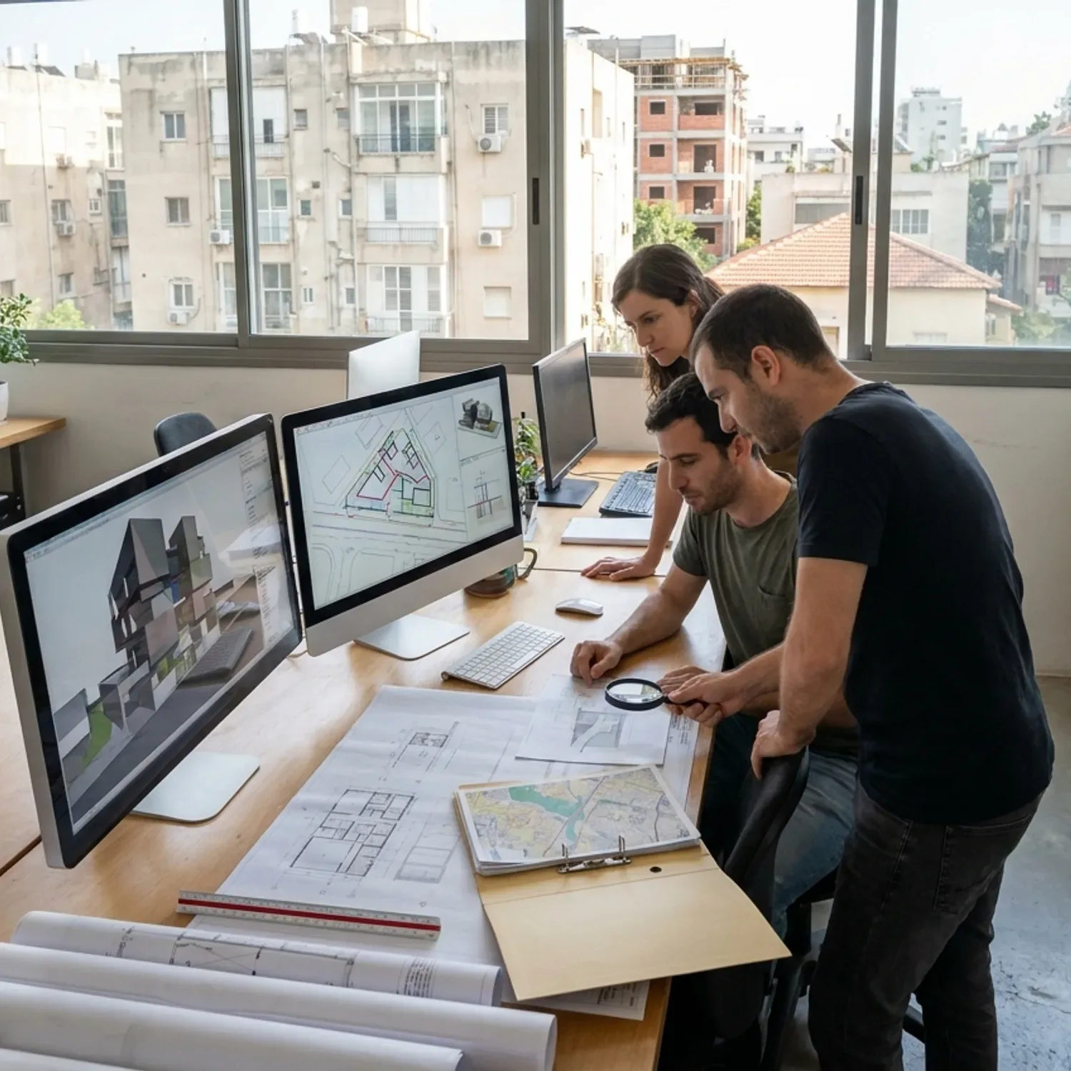 תמונה של אדריכלים יושבים במשרד מול מסכי מחשב גדולים המציגים תוכניות בנייה של מרפאה, תוך כדי עיון במסמכי שמאות ודוחות עירייה, המשדרת מקצועיות ותכנון מוקדם