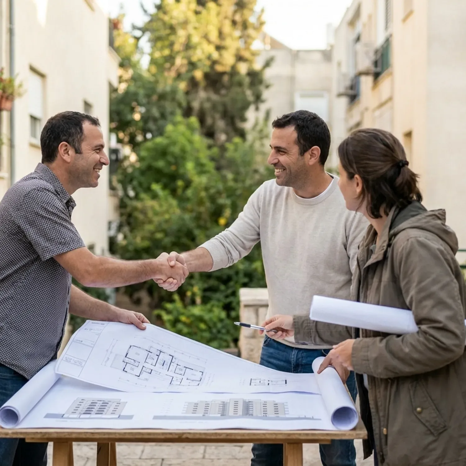 תצלום של שני שכנים לוחצים ידיים בנוכחות אדריכל מוסמך מעל שרטוטים של תוכנית הבניין המשותף, מה שמסמל פתרון סכסוכים והגעה להסכמה משותפת בנוגע להסדרת הבנייה