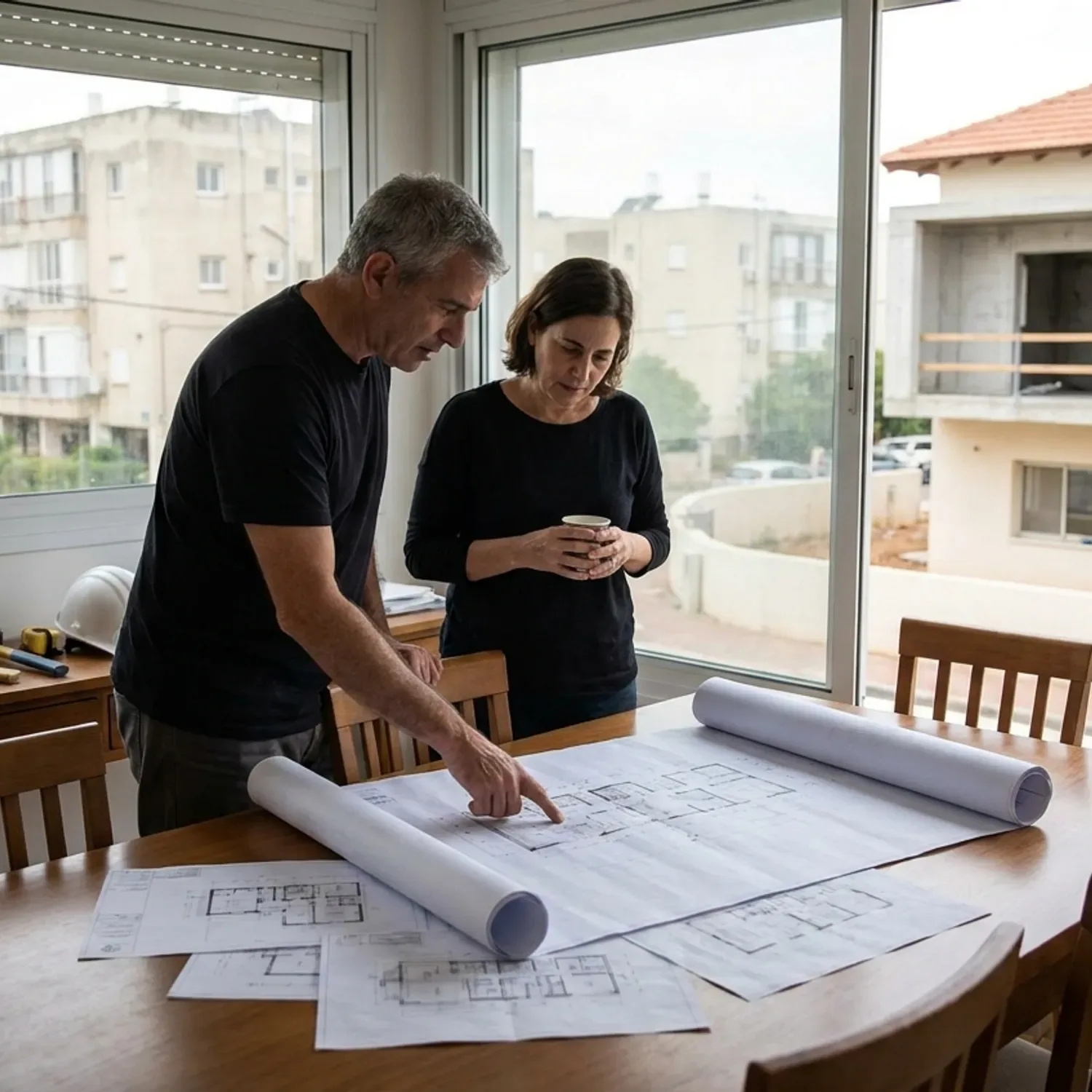 טבלה ויזואלית מעוצבת המשווה בין עלויות הריסה והשבת המצב לקדמותו לבין עלויות תהליך הרישוי להכשרת הנכס כולל שרטוטים הנדסיים ברקע