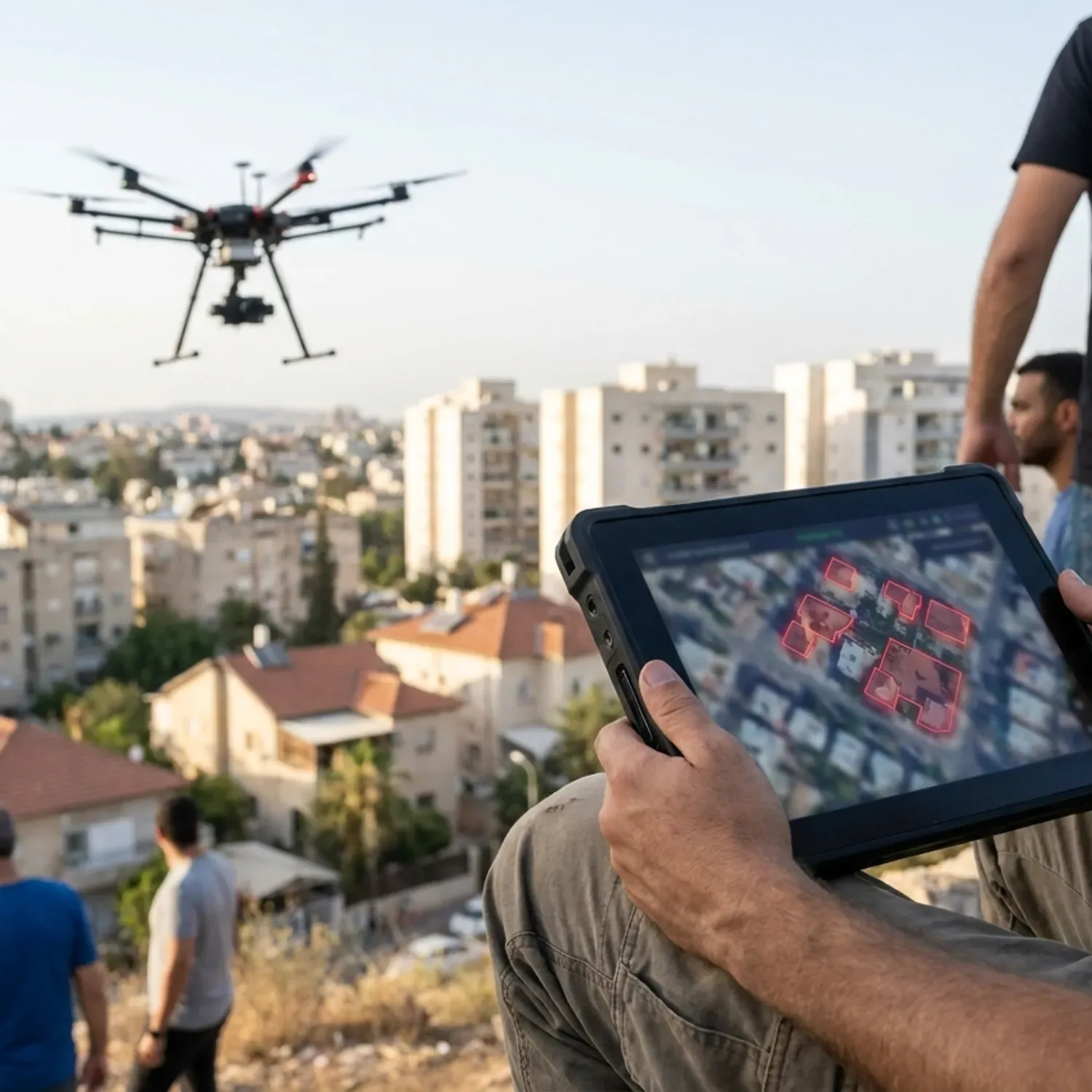 צילום אוויר מתקדם המציג רחפן מעל שכונת מגורים, כאשר על מסך הבקרה המרחף מופיע ניתוח נתונים דיגיטלי המדגיש בצבע אדום בוהק תוספות בניה לא חוקיות על גגות הבתים ובחצרות
