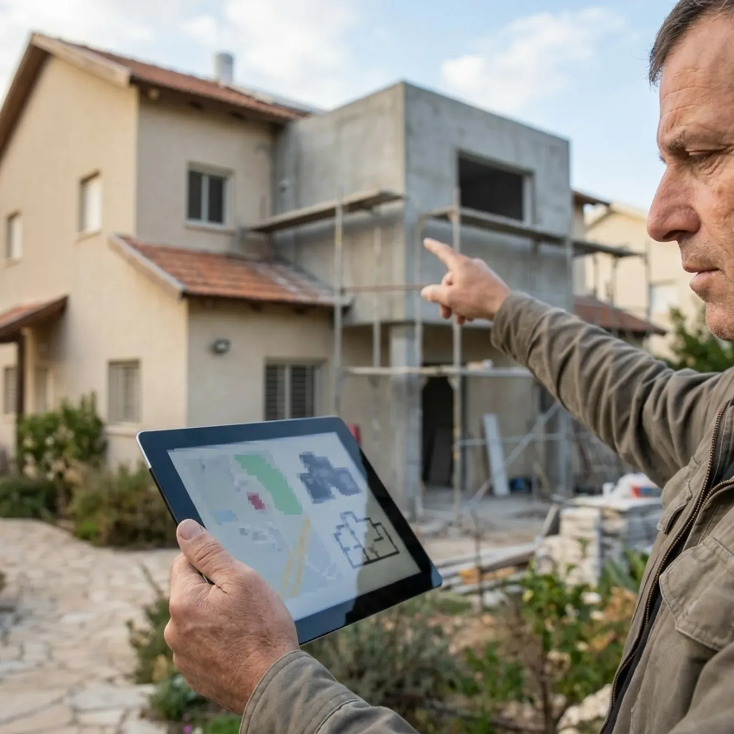 תמונה מרשימה של פקח בניה עומד בחזית של בית פרטי. הפקח מחזיק בידו טאבלט המציג תצלומי אוויר מתקדמים ומשווה אותם למבנה הקיים בשטח, תוך הדגשה של תוספת בניה בלתי חוקית בקומה השנייה