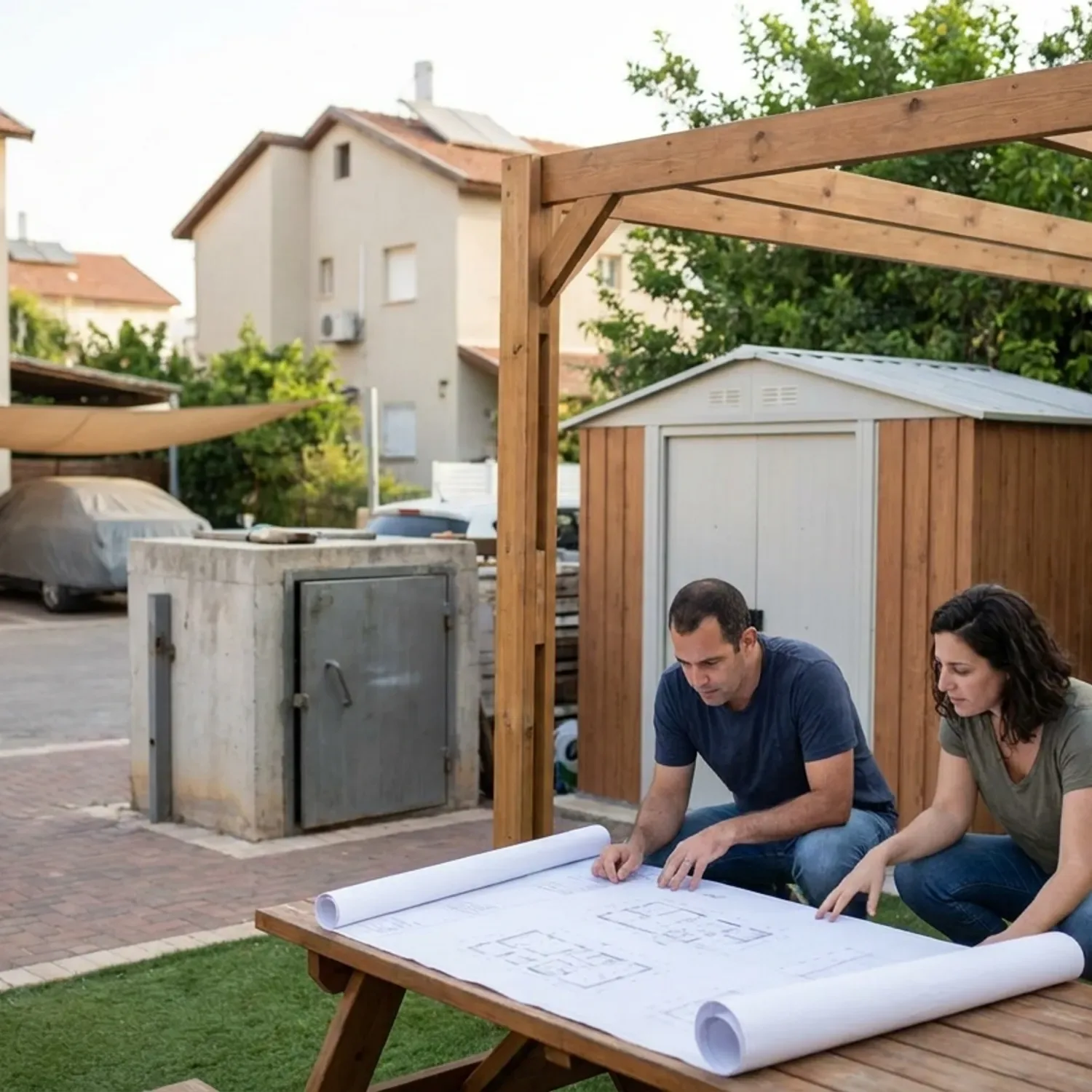 תרשים זרימה המדגים את תהליך בדיקת זכויות הבניה בחצר משלב התכנון ועד להגשת הדיווח לרשות המקומית