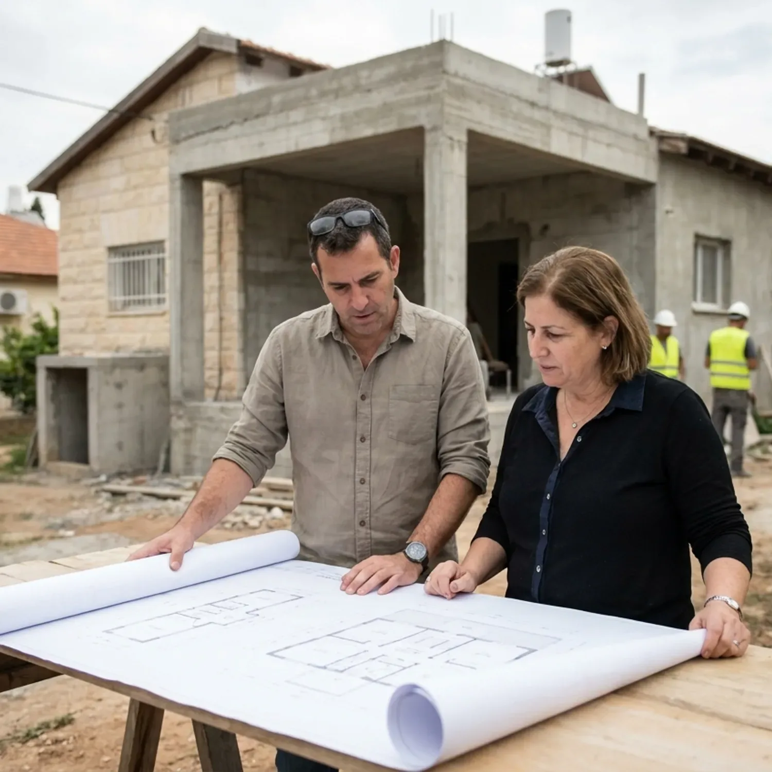 תרשים זרימה המציג את השלבים המקדימים לפני תכנון אדריכלי של תוספת בנייה הכולל סקר נכס בדיקת תיק בניין הוצאת מידע תכנוני וניתוח זכויות בניה