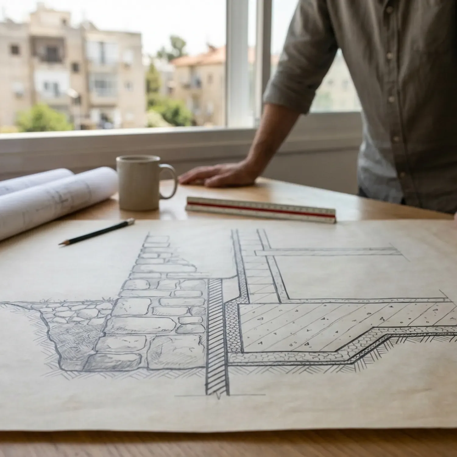 שרטוט טכני אדריכלי המציג חתך של חיבור בין יסודות של מבנה ישן ליסודות חדשים כולל סימון של תפר התפשטות ואיטום בין המבנים