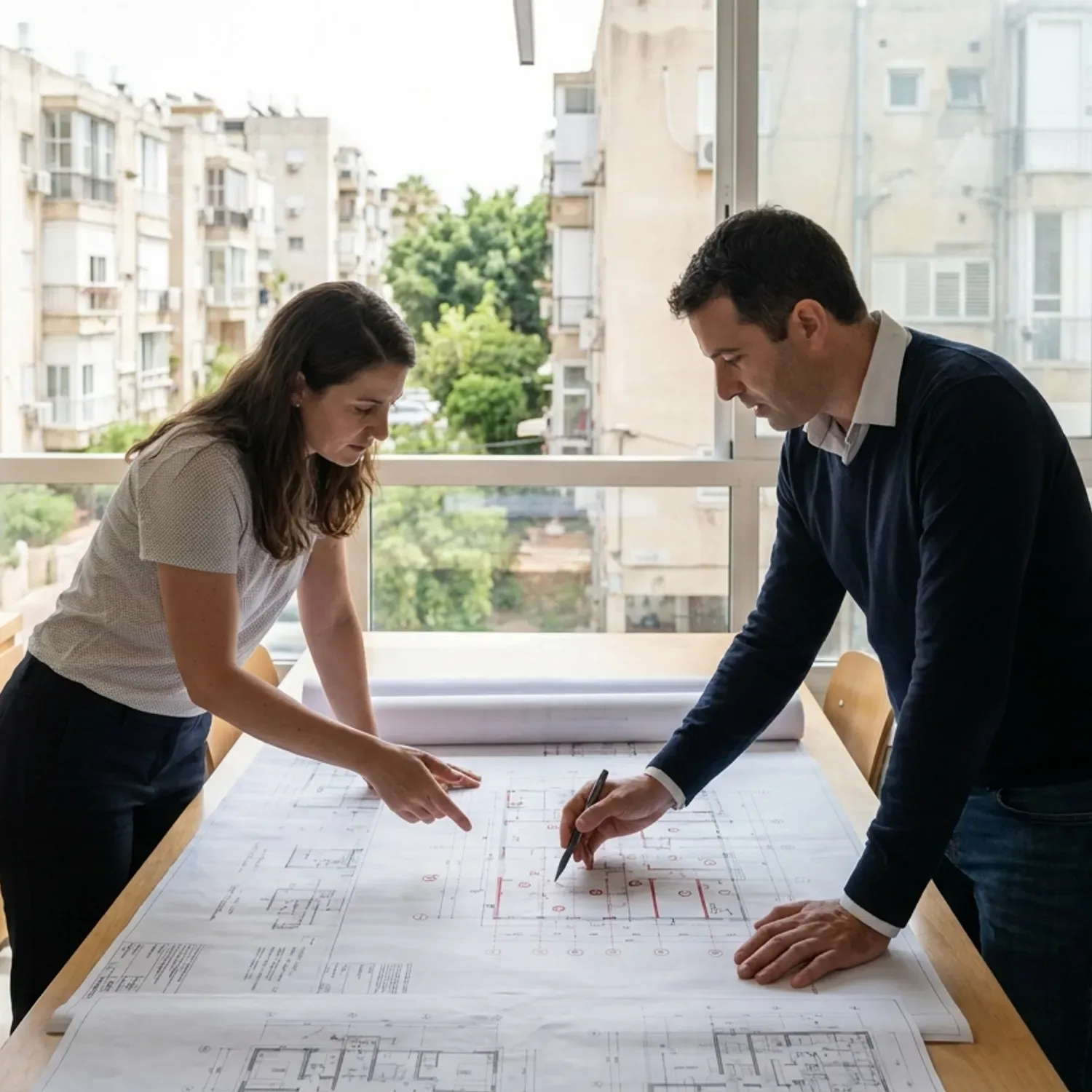 תמונה מקצועית של אדריכל ויועץ בטיחות אש יושבים יחד במשרד מואר, פורסים תוכניות בנייה גדולות על שולחן עבודה, ומצביעים בעזרת עט שרטוט על נתיבי המילוט ומיקומי הספרינקלרים המתוכננים במבנה