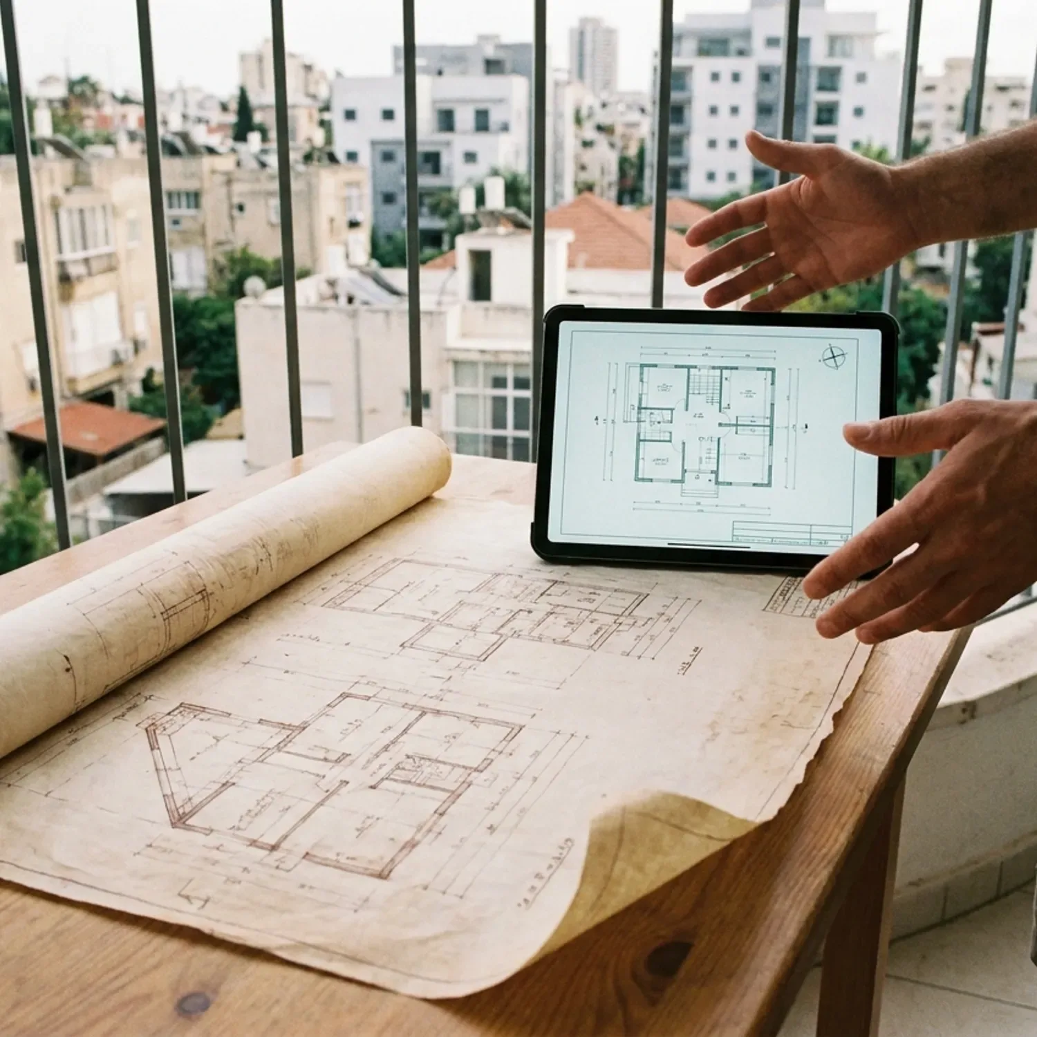 תמונה המציגה השוואה ויזואלית בין גרמושקה ישנה ודהויה משנות השבעים עם שרטוט ידני, לבין תשריט היתר בנייה מודרני דיגיטלי וברור