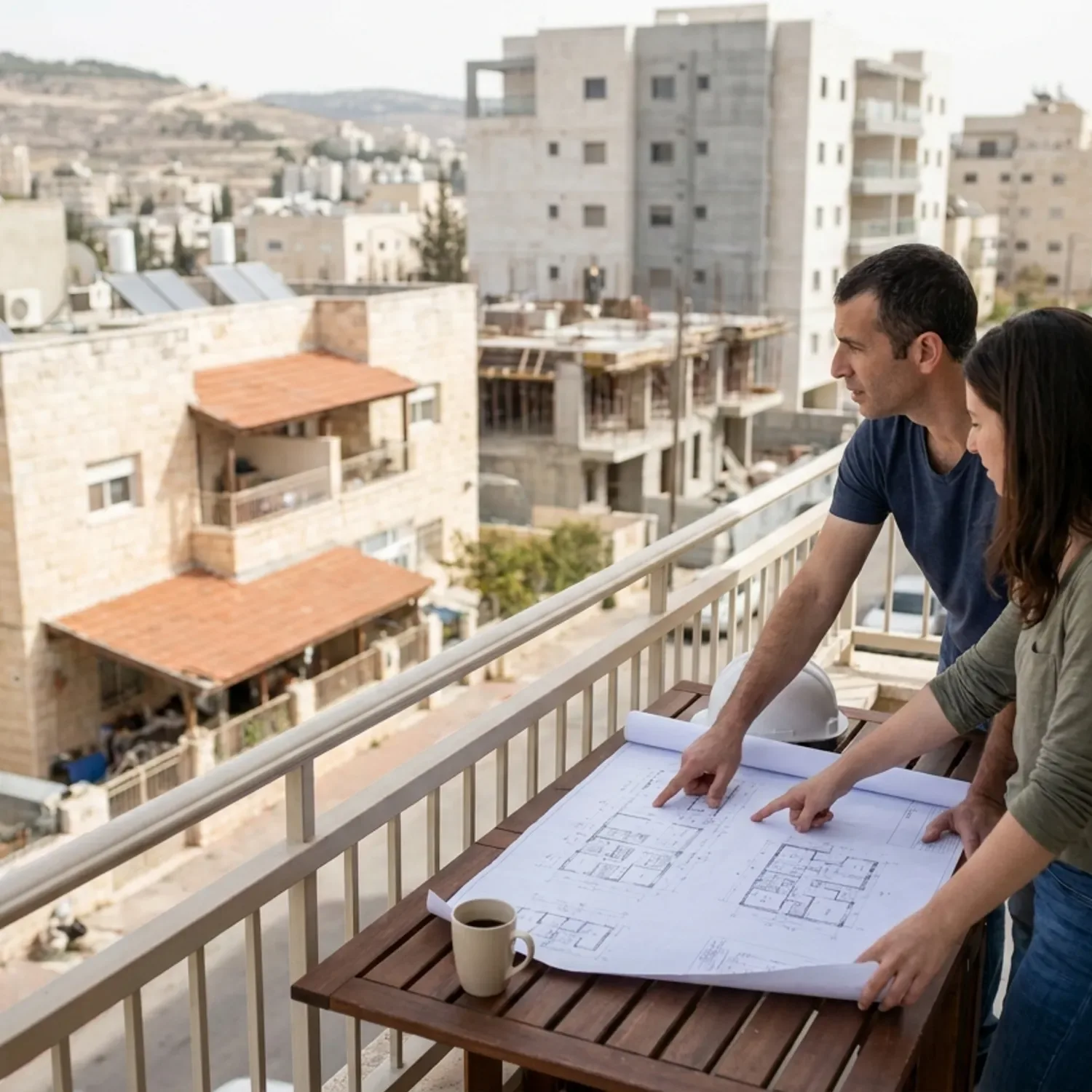 תרשים זרימה המציג את תהליך בדיקת הנכס לפני רכישה. התרשים מתחיל בסמל של מפתח תחת הכיתוב מציאת נכס, עובר לסמל של תיקייה פתוחה המסמל הוצאת תיק בניין מקוון, לאחר מכן סמל של זכוכית מגדלת הבוחנת שרטוט אדריכלי לייצוג השוואת ההיתר למצב הקיים, ולבסוף פיצול לשני כיוונים חותמת ירוקה של אישור למעבר לשלב העסקה או תמרור אזהרה אדום הדורש התייעצות עם אדריכל.