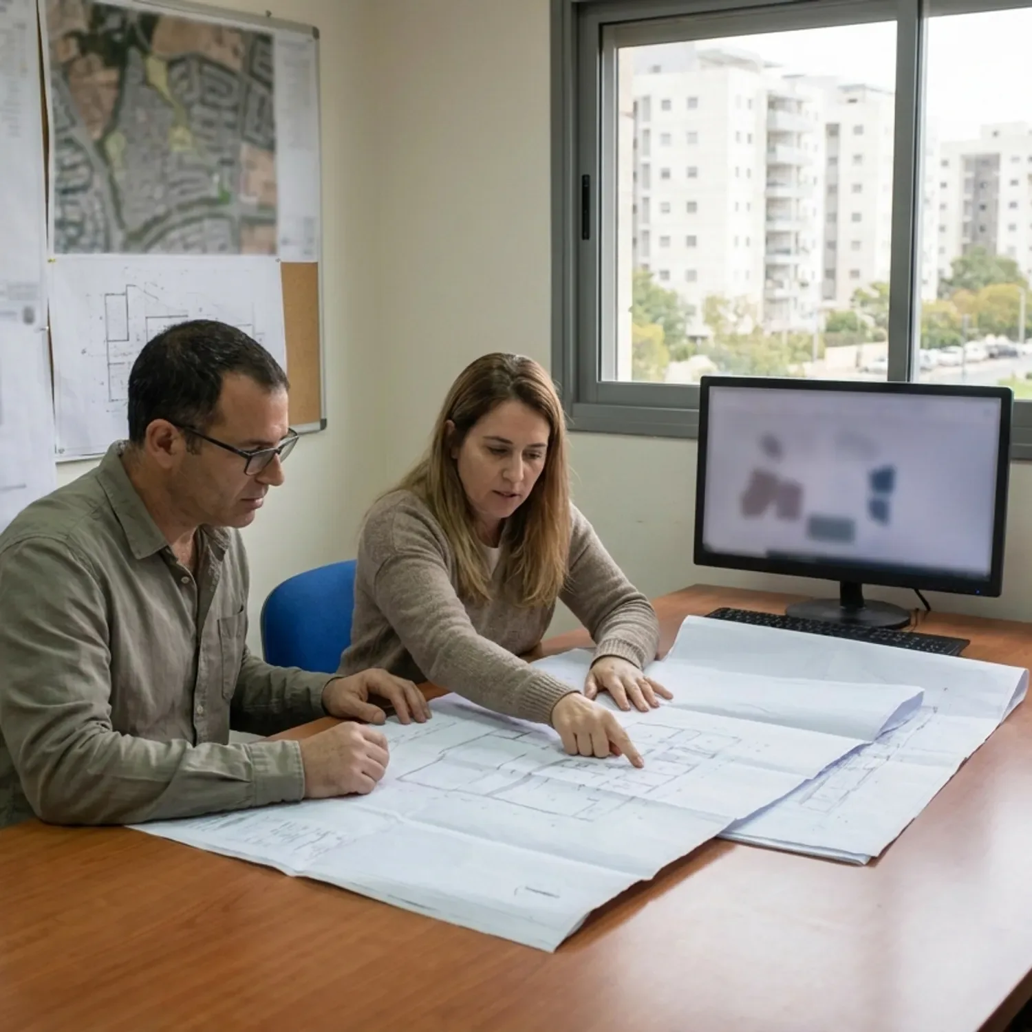 תמונה של אדריכל יושב יחד עם בוחנת רישוי במשרדי הועדה המקומית מצביעים על שרטוטים גדולים באווירה מקצועית של שיתוף פעולה ופתרון בעיות