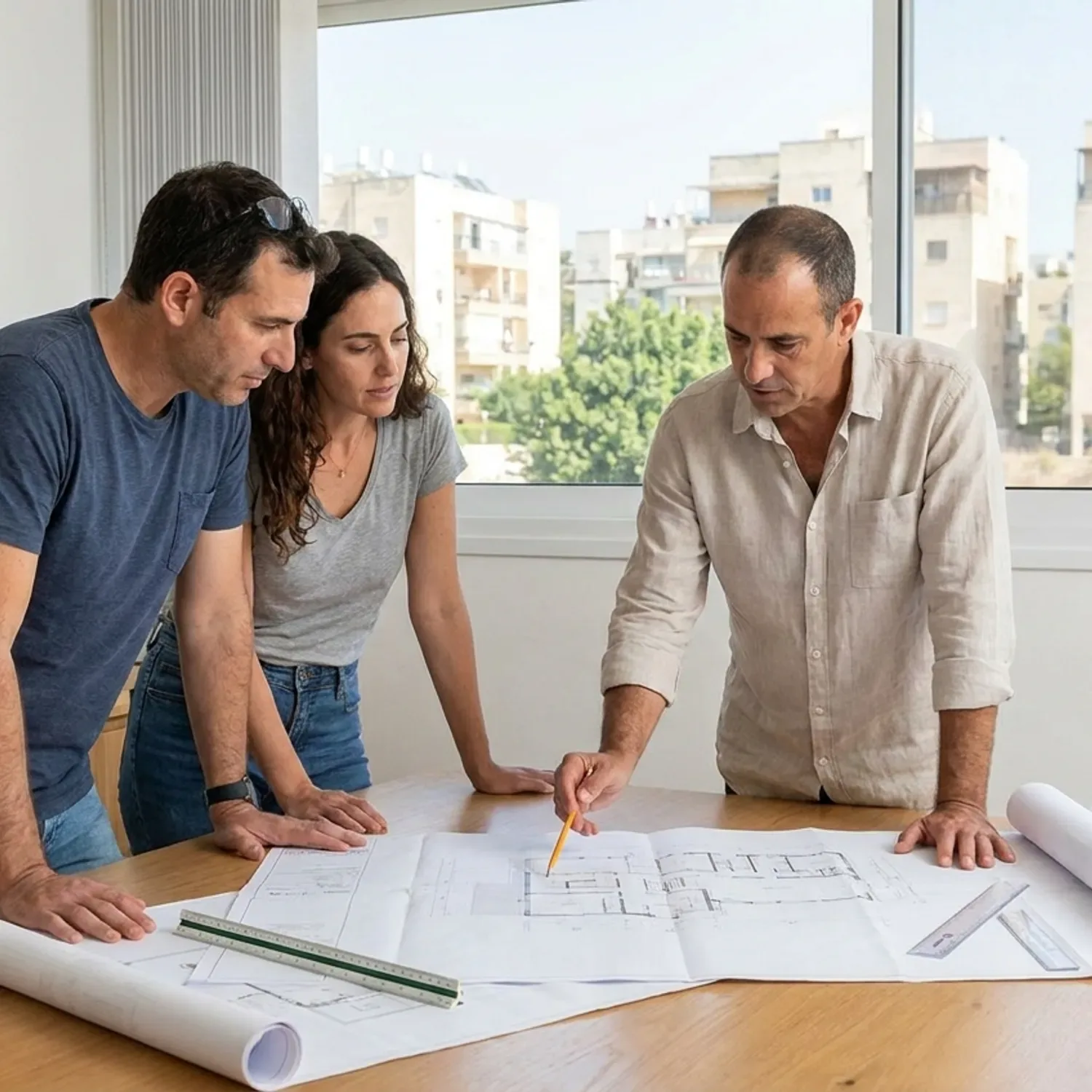 תמונה המציגה פגישת עבודה במשרד אדריכלים. על השולחן פרוסות תוכניות (גרמושקה), ומסביב לשולחן יושבים זוג לקוחות ואדריכל שמצביע על פרט בתוכנית ומסביר להם. האווירה מקצועית ורצינית.
