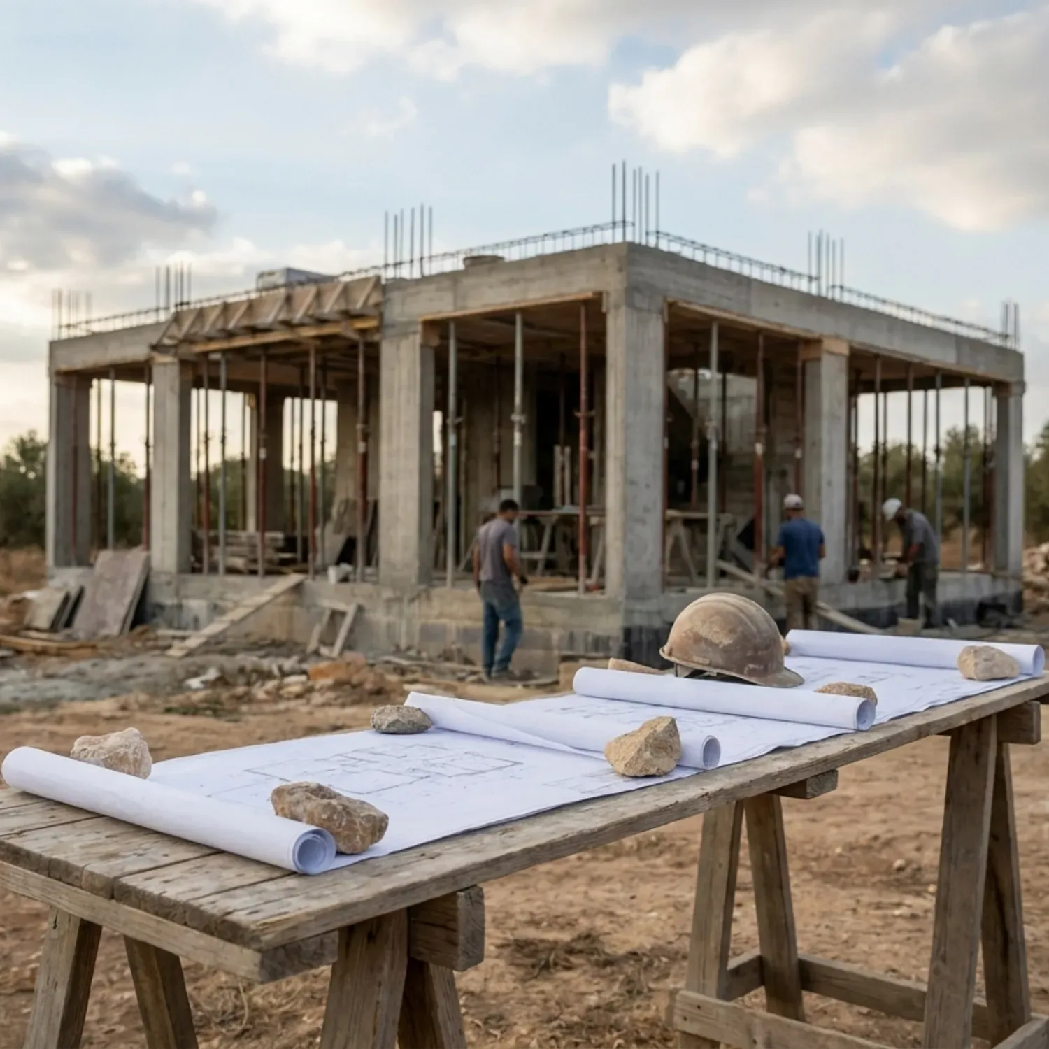 תמונה ריאליסטית של אתר בניה של בית פרטי בשלבי שלד מתקדמים, עם גלילי תוכניות בניה מונחים על שולחן מאולתר בחזית