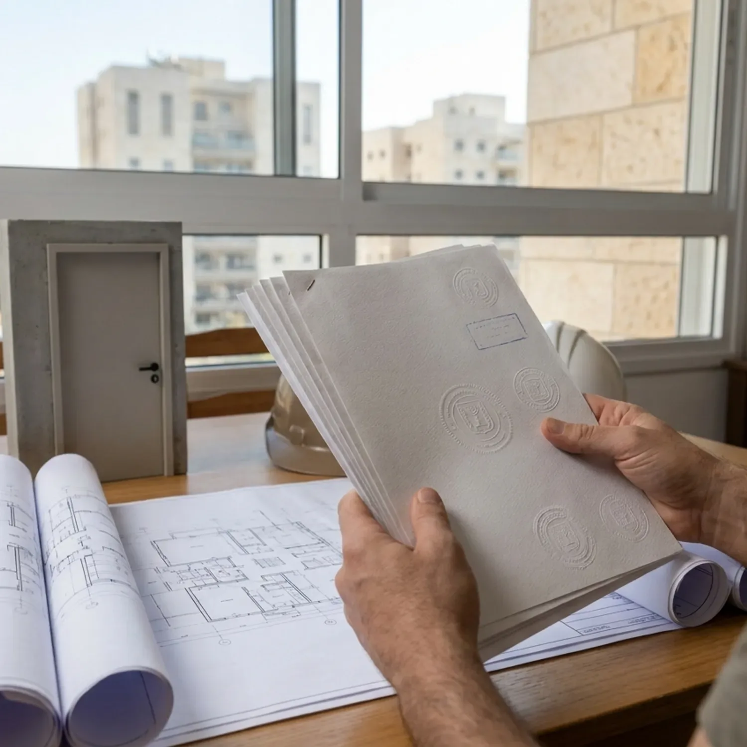 המחשה ויזואלית של קבלת היתר הבניה הסופי הכולל חותמות רשמיות ותוכניות מאושרות