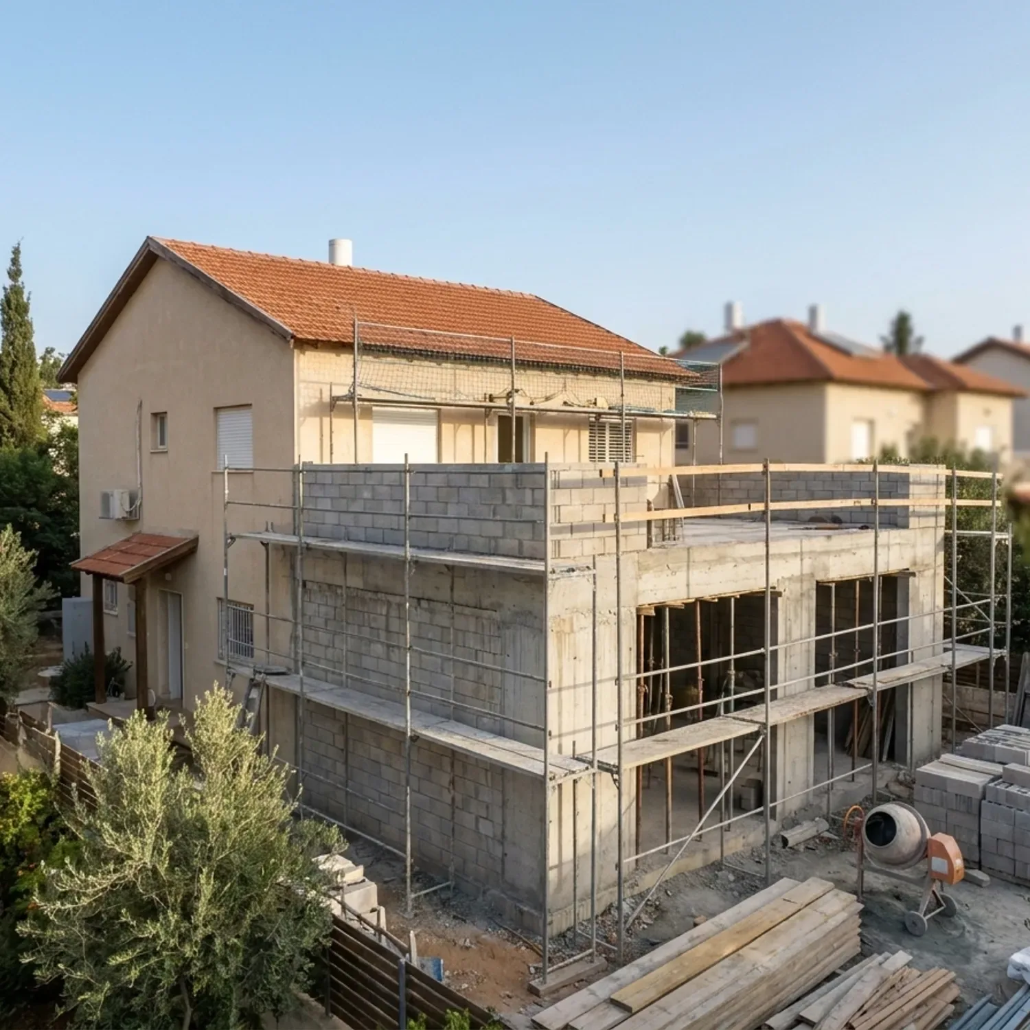 צילום פוטו-ריאליסטי באור יום של בית פרטי ישראלי בתהליך הרחבה חוקי, עם פיגומי מתכת תקניים סביב תוספת בנייה מבלוקים ובטון, ללא פועלים או שלטים עם לוגו בפריים, מראה אותנטי של אתר בנייה מסודר בשכונת מגורים שקטה