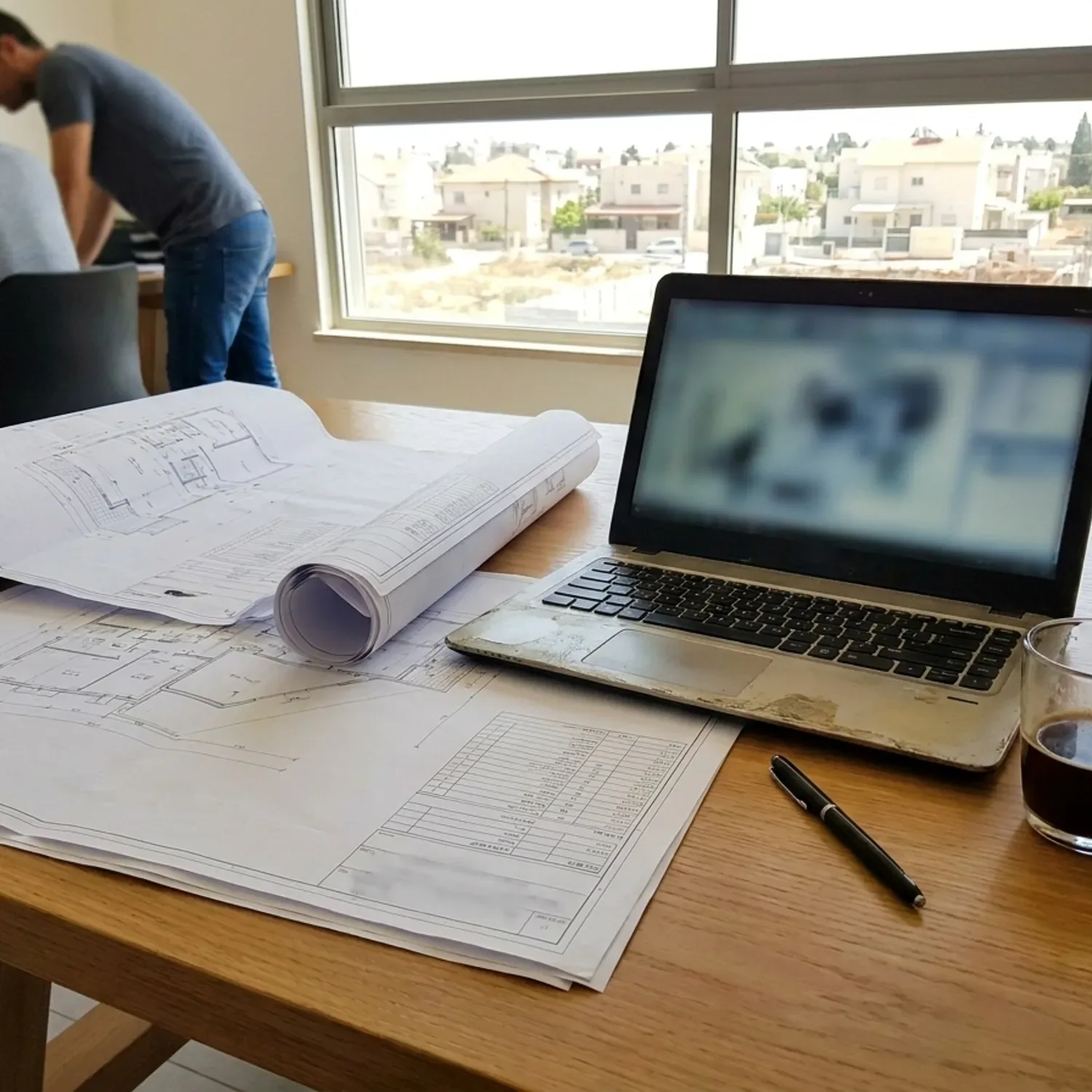 צילום מציאותי מקרוב של שולחן עבודה במשרד תכנון בישראל, עליו מונחות תוכניות בנייה אדריכליות מודפסות עם שרטוטים טכניים וטבלאות שטחים, לצד מחשב נייד פתוח, עט כתיבה פשוט וכוס קפה שקופה ללא כיתוב, תאורת חלון טבעית רכה
