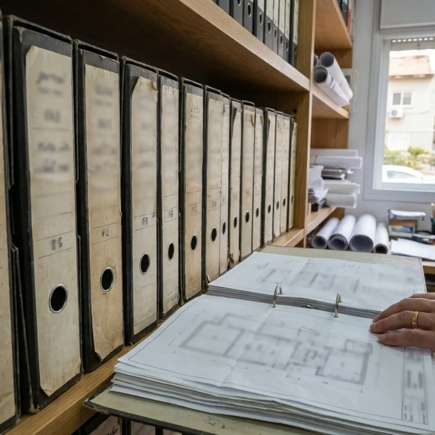 קבוצת קלסרים מסודרים ומתויגים היטב על מדף במשרד אדריכלים