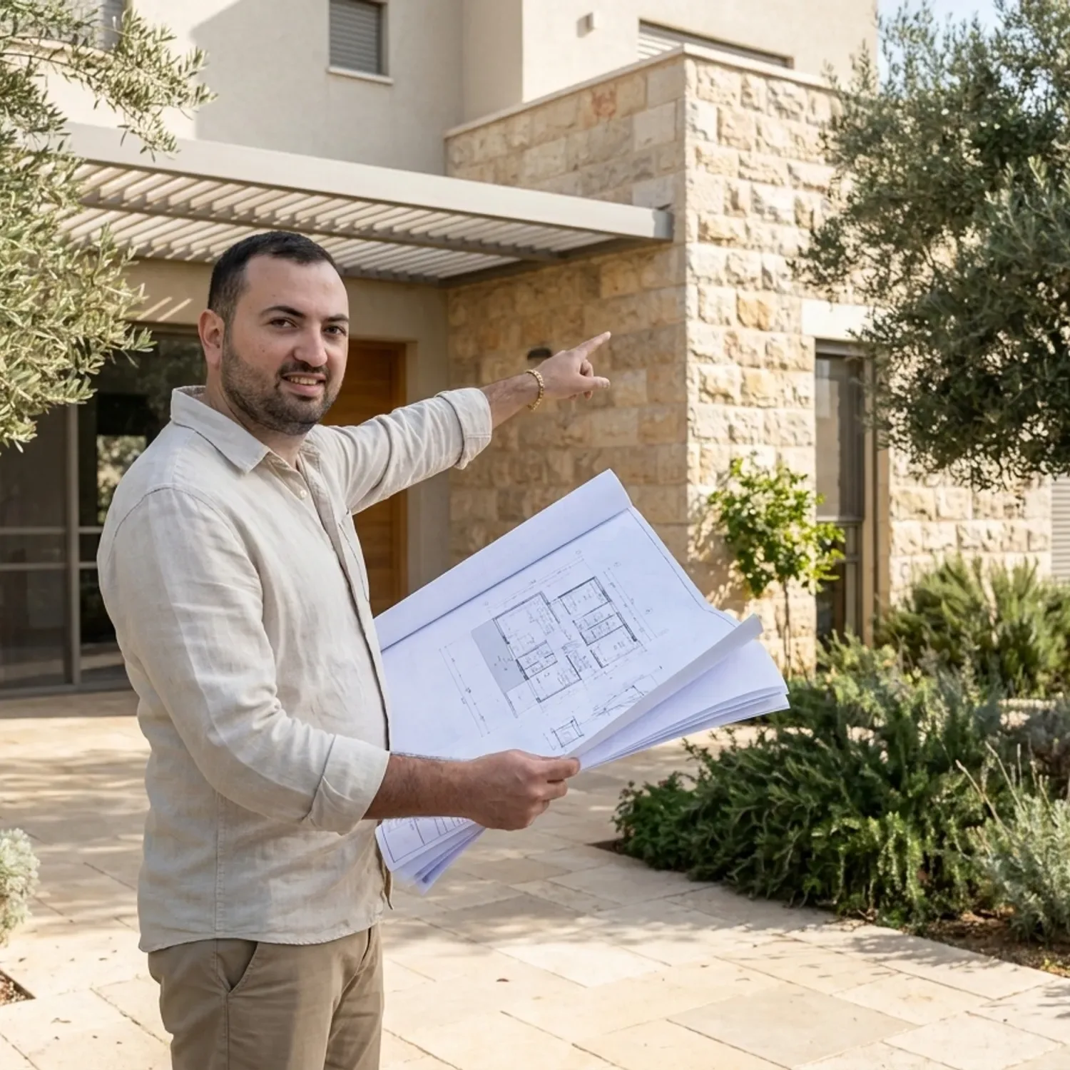 צילום מציאותי של אדריכל ישראלי בלבוש יומיומי מכובד עומד בחצר בית פרטי בישראל באור יום טבעי, מחזיק תוכנית בנייה פתוחה ומצביע על חזית המבנה, זווית צילום מגובה העיניים, מראה טבעי ואותנטי ללא לוגו על הבגדים